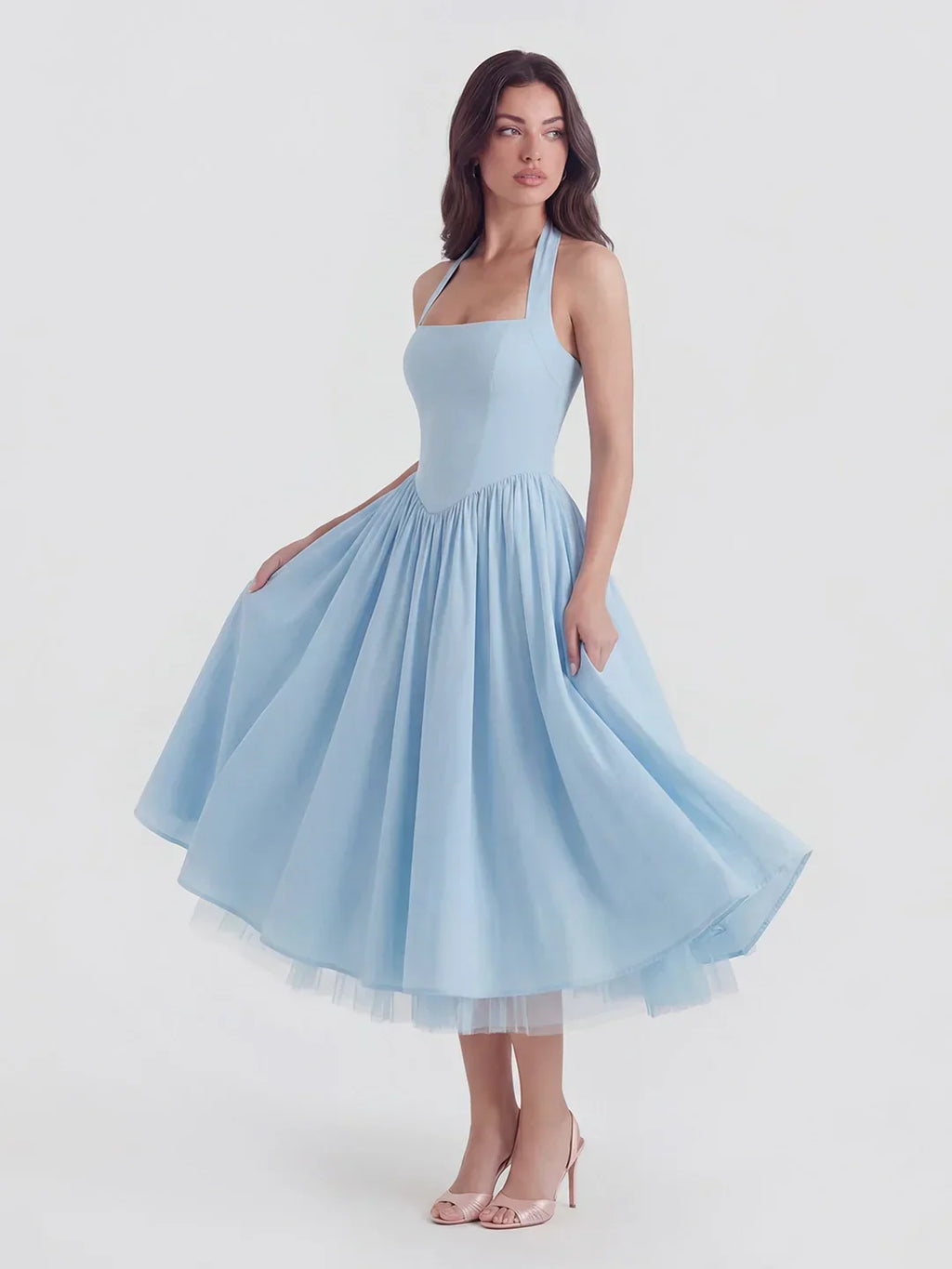 Lace-Up Halter Midi with Exposed Tulle Hem