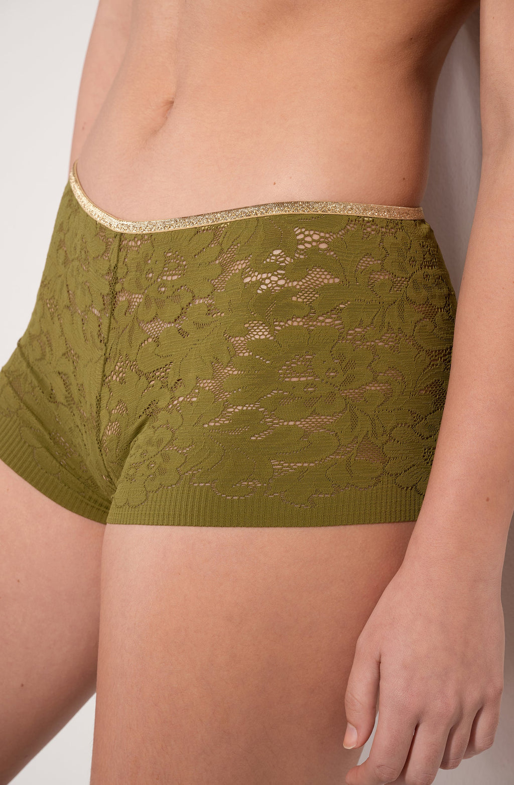 dylan High-waisted bronze lace and Lurex boyshorts