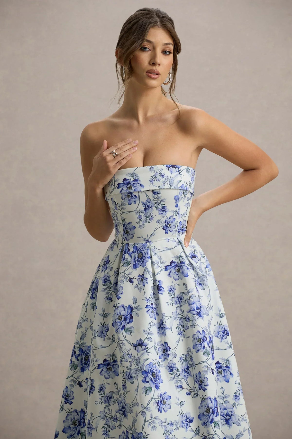 Annalise | Robe midi patineuse bandeau imprimé porcelaine bleue
