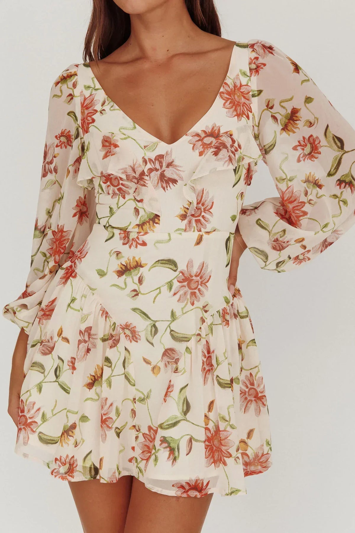 Robe Courte Évasée Manches Ballons Imprimé Fleuri Beige Lucky One