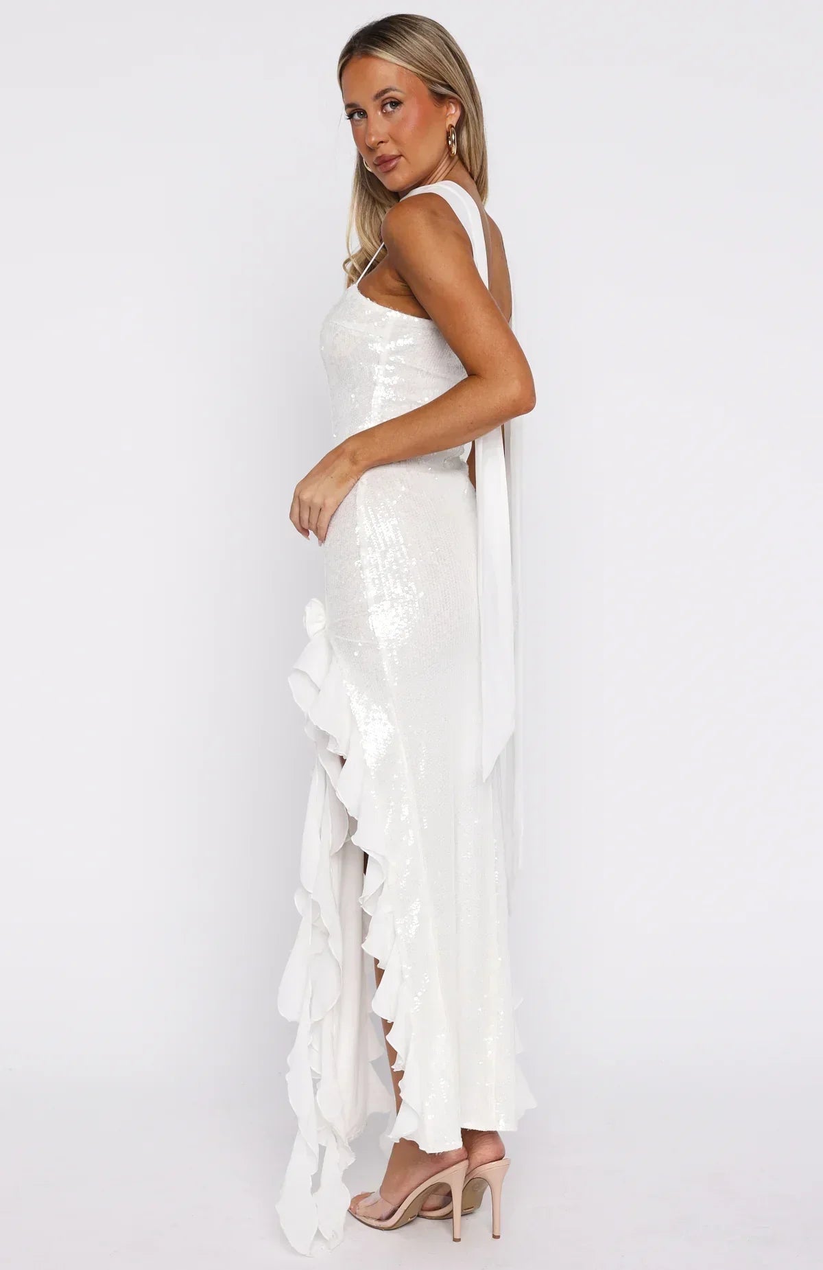 Robe longue à sequins « Positano Dream » blanc cassé