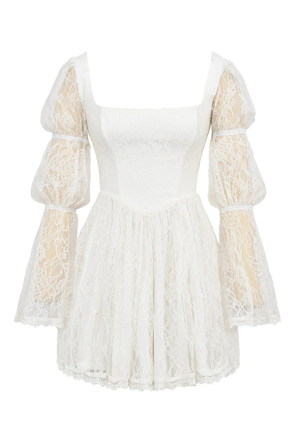 Mini-robe en dentelle blanche à manches bouffantes