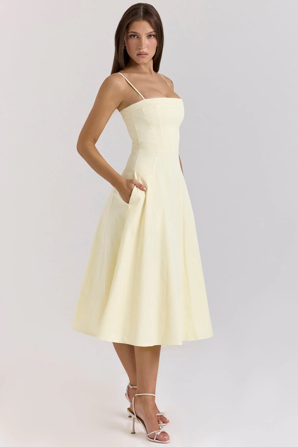 Robe midi trapèze en coton stretch imprimé citrons