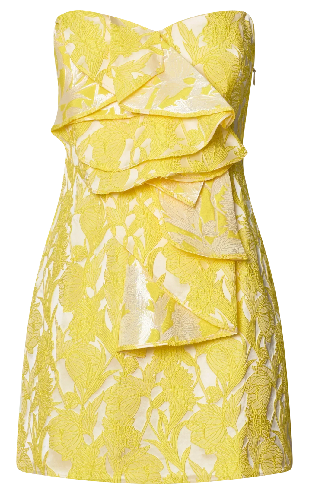 Amalie The Label - Frederika Strapless Ruffle Detail Jacquard Mini Dress in Yellow