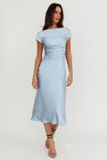 Robe midi Loveland à manches courtes, col bénitier et dos nu, bleu clair