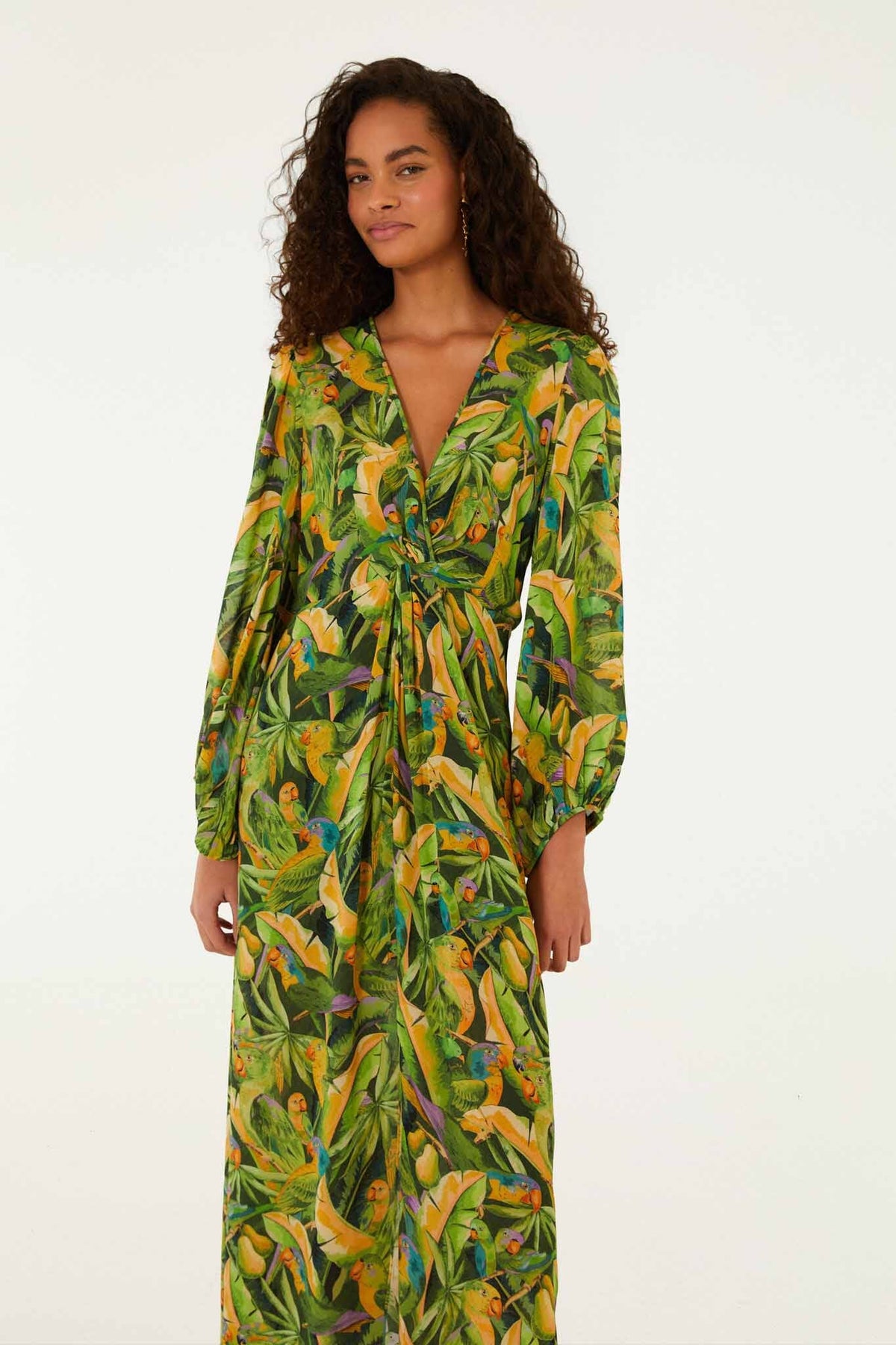 Robe mi-longue à manches longues Green Forest Parrots