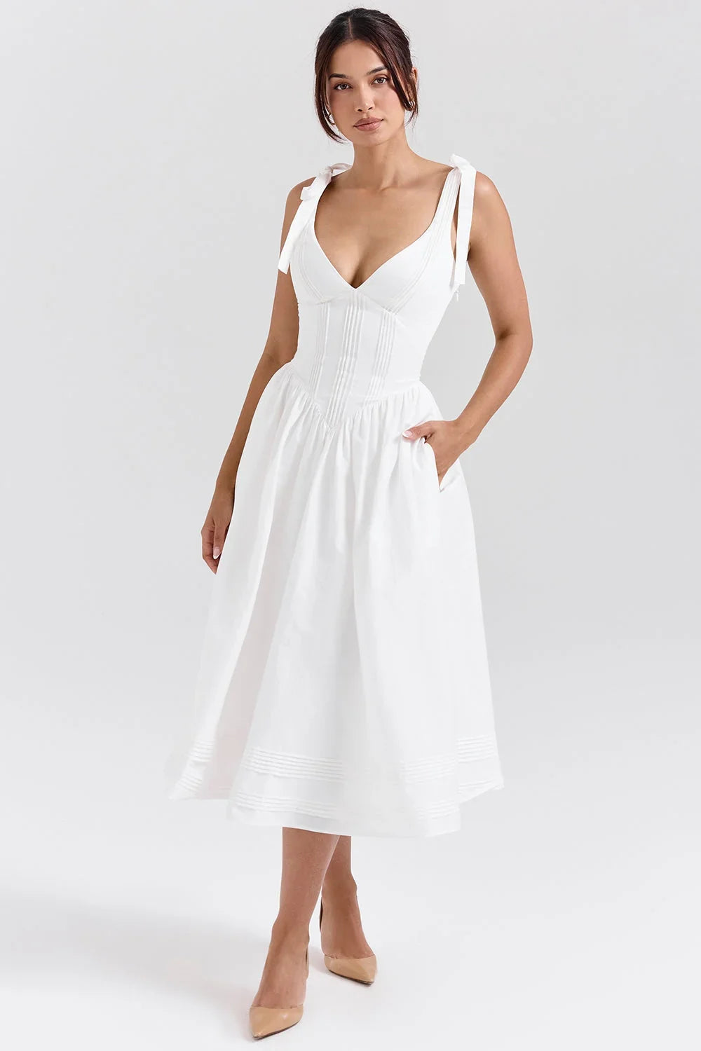robe chasuble mi-longue en coton blanc à plis nervurés