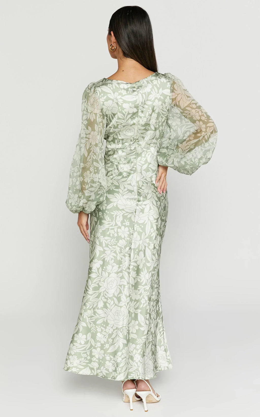 Robe Midi Freollyn - Robe longue à manches longues et col en V profond de couleur Sauge