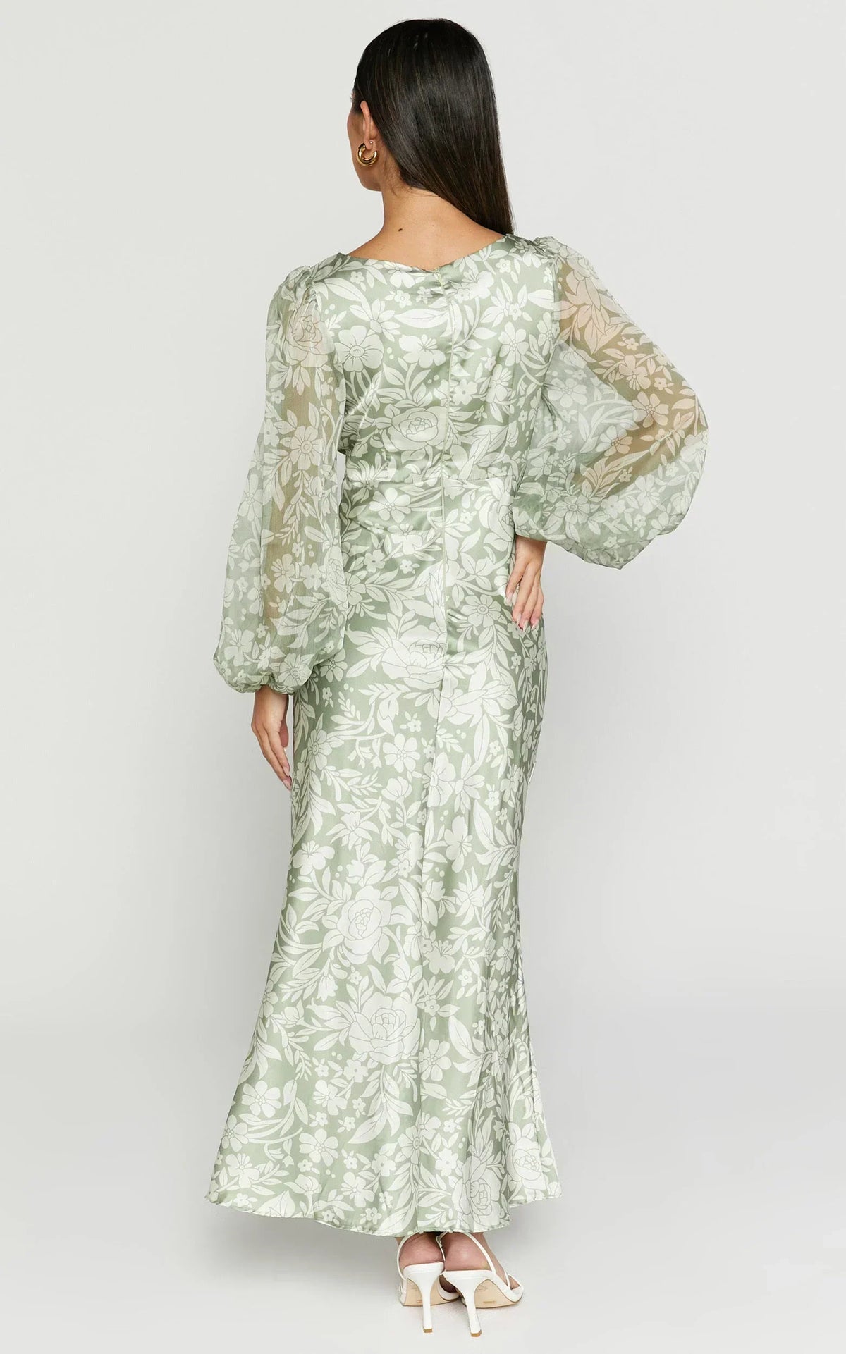 Robe Midi Freollyn - Robe longue à manches longues et col en V profond de couleur Sauge