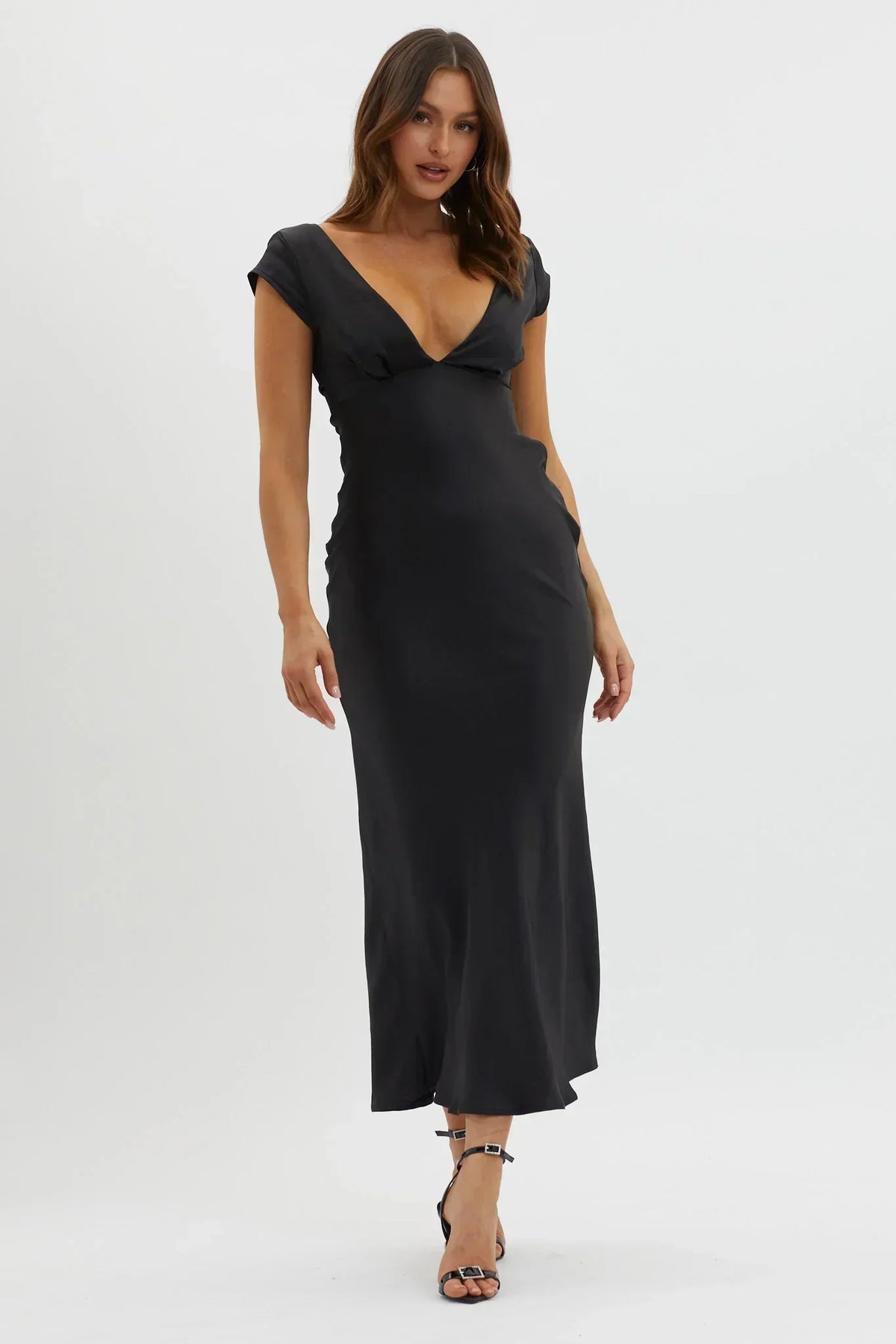 Robe midi noire Lucinda col en V dos torsadé