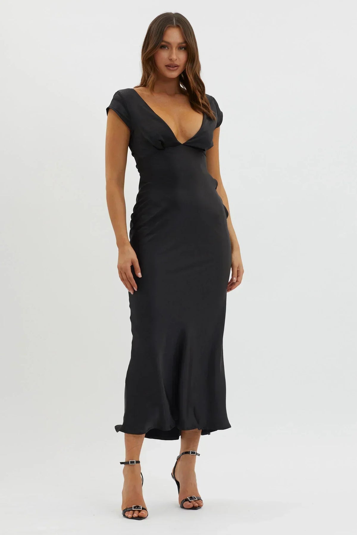 Robe midi noire Lucinda col en V dos torsadé