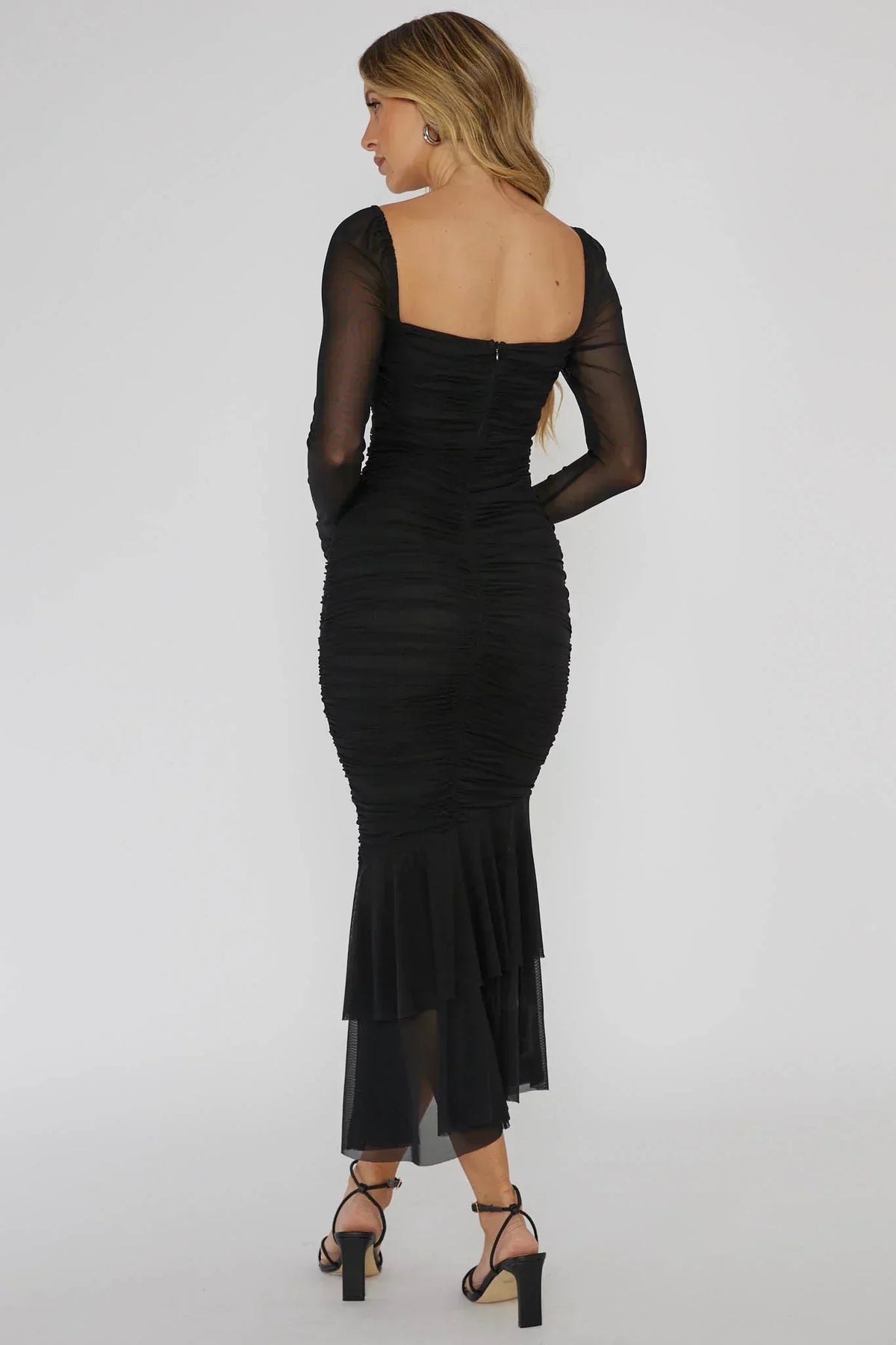 Robe midi noire Nadia à manches longues et coupe sirène