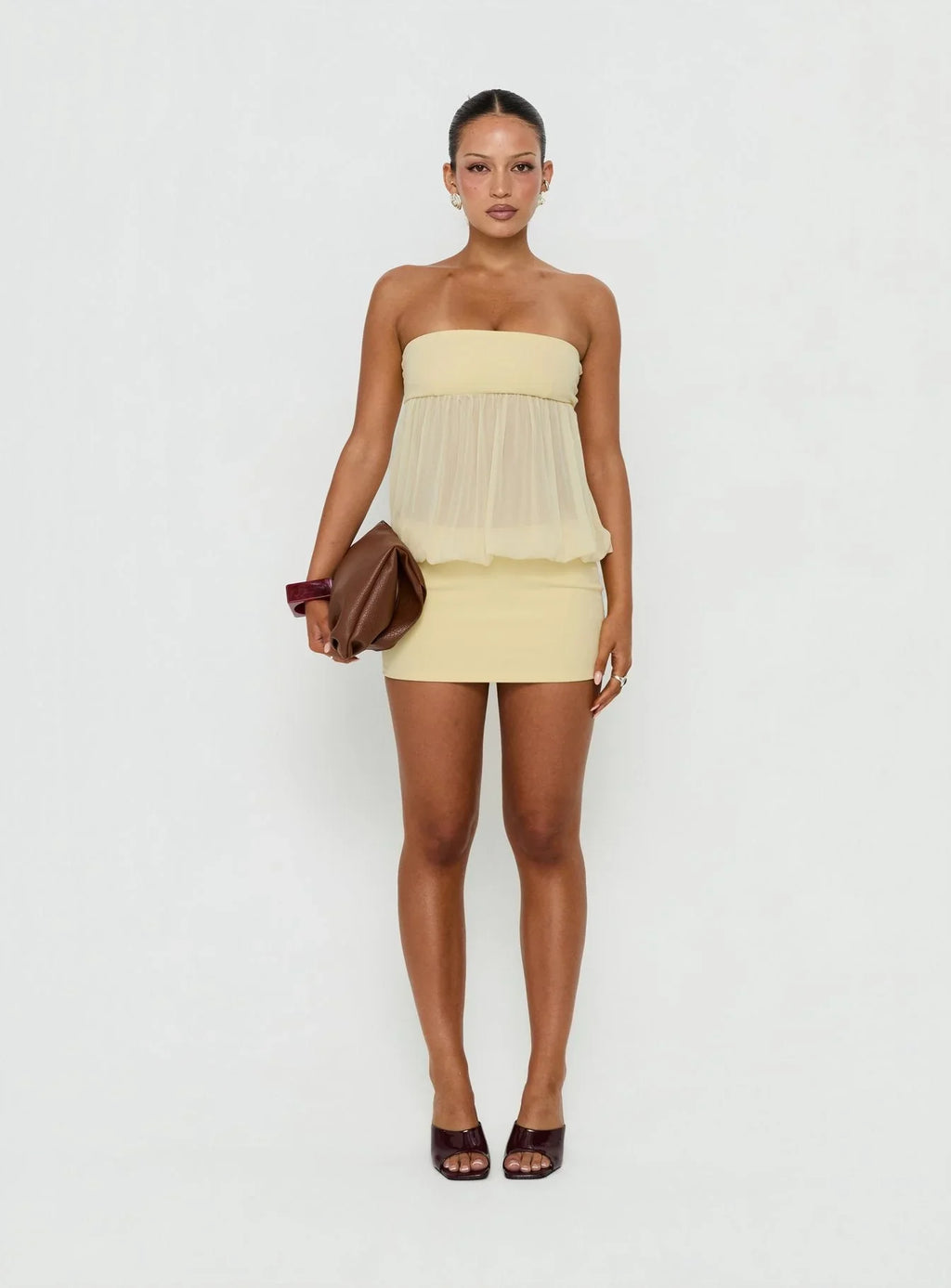 Howland Strapless Sheer Blouson Mini Dress Yellow