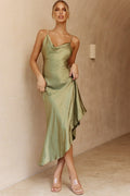 Robe midi col bénitier ourlet asymétrique Morning Sun olive