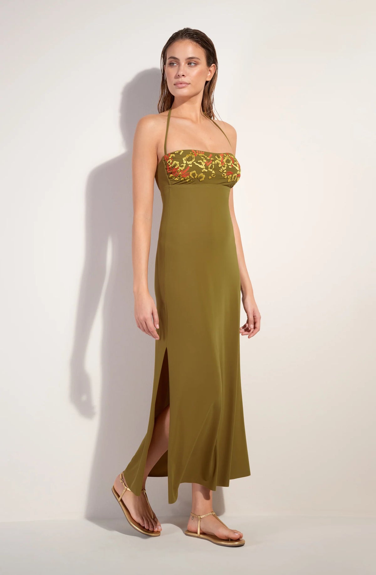 reine Bronze strapless long dress in stretch voile