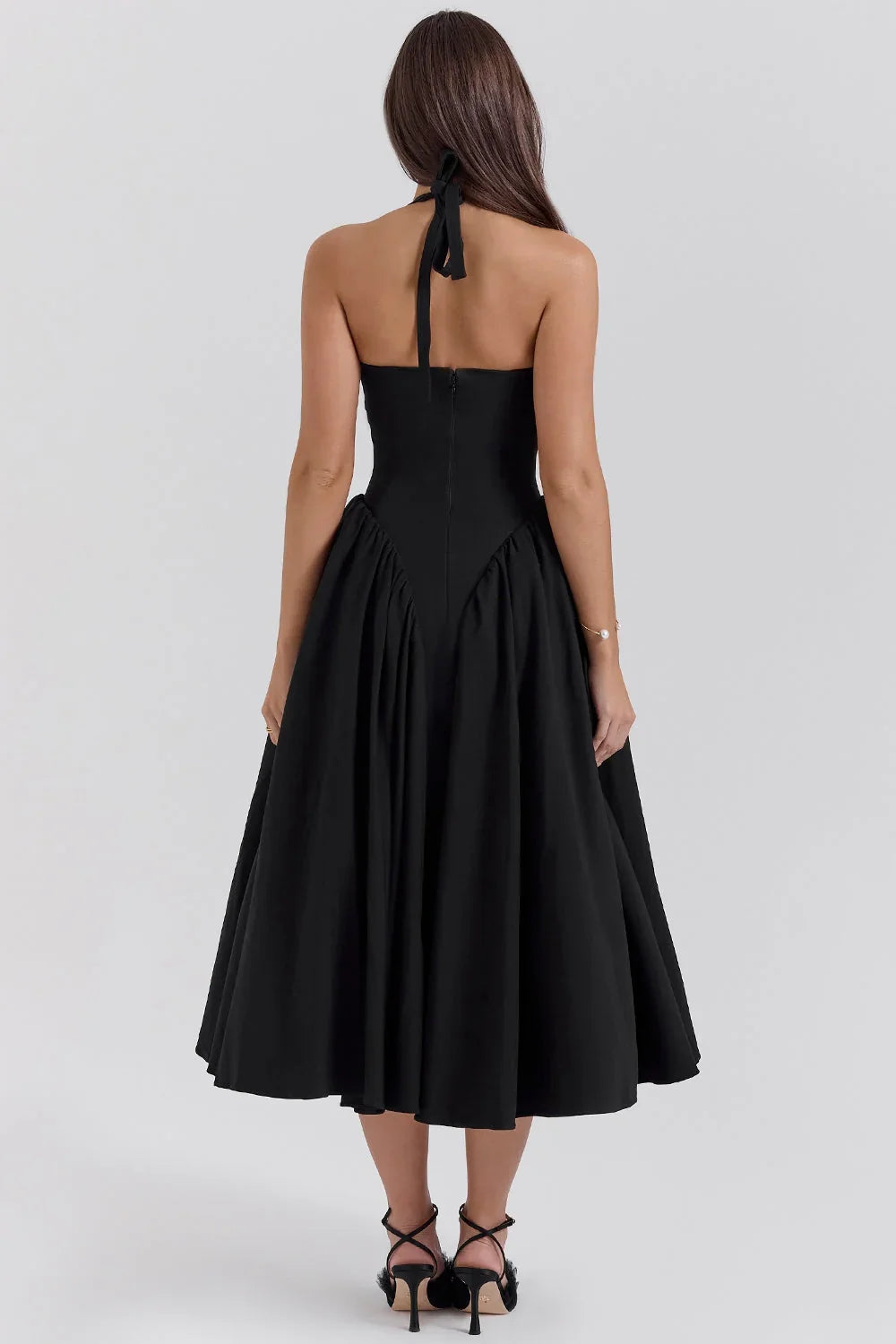 black twill halter midi dress