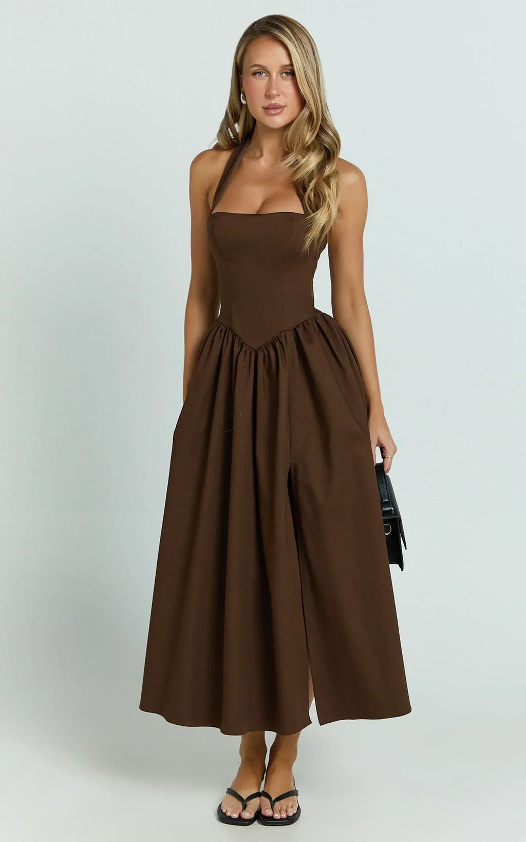 Robe midi Helda – Robe à panneau corset avec licou à nouer couleur chocolat