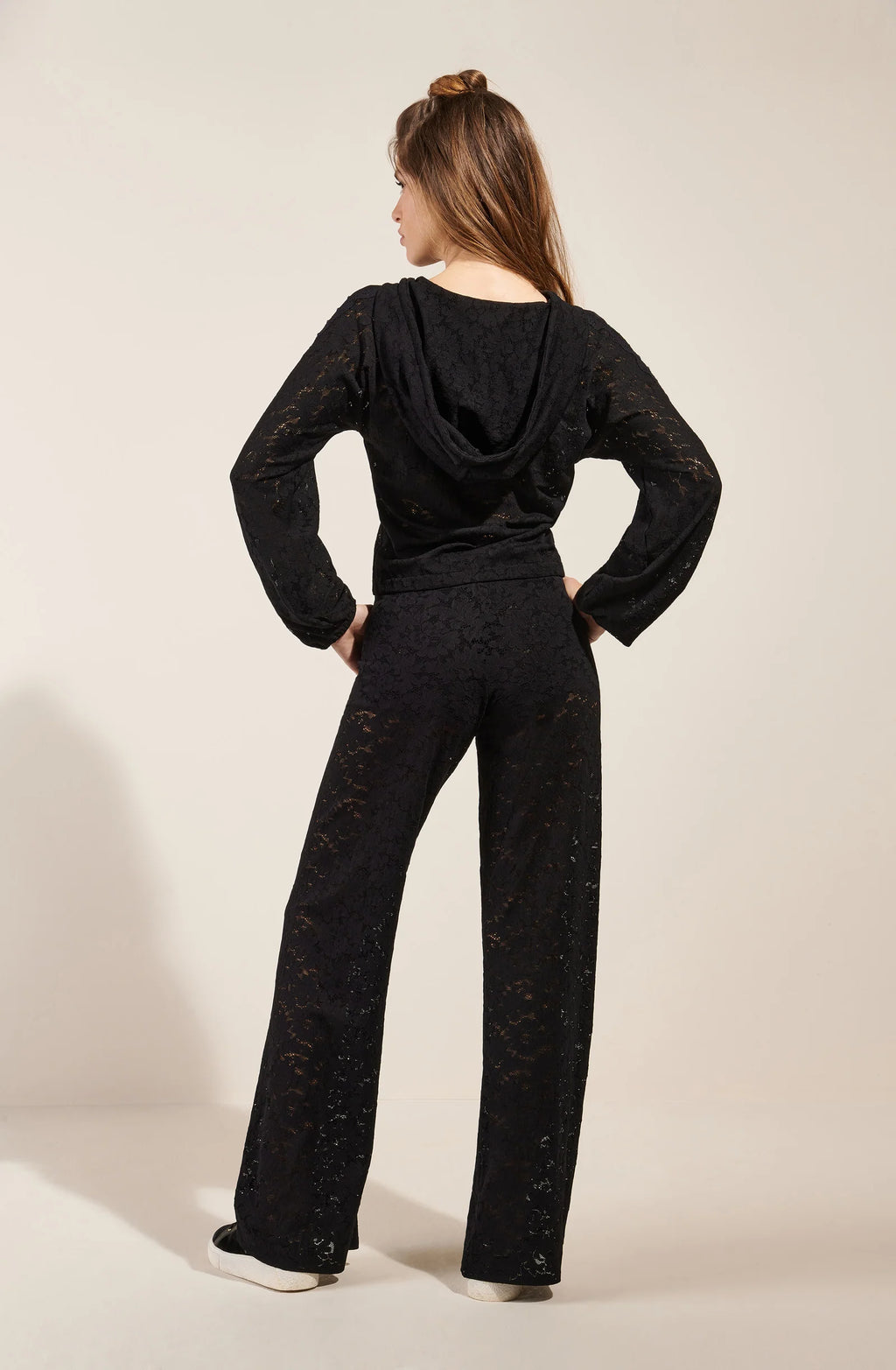 Pantalon droit en mousse Paige blanc et dentelle Lurex