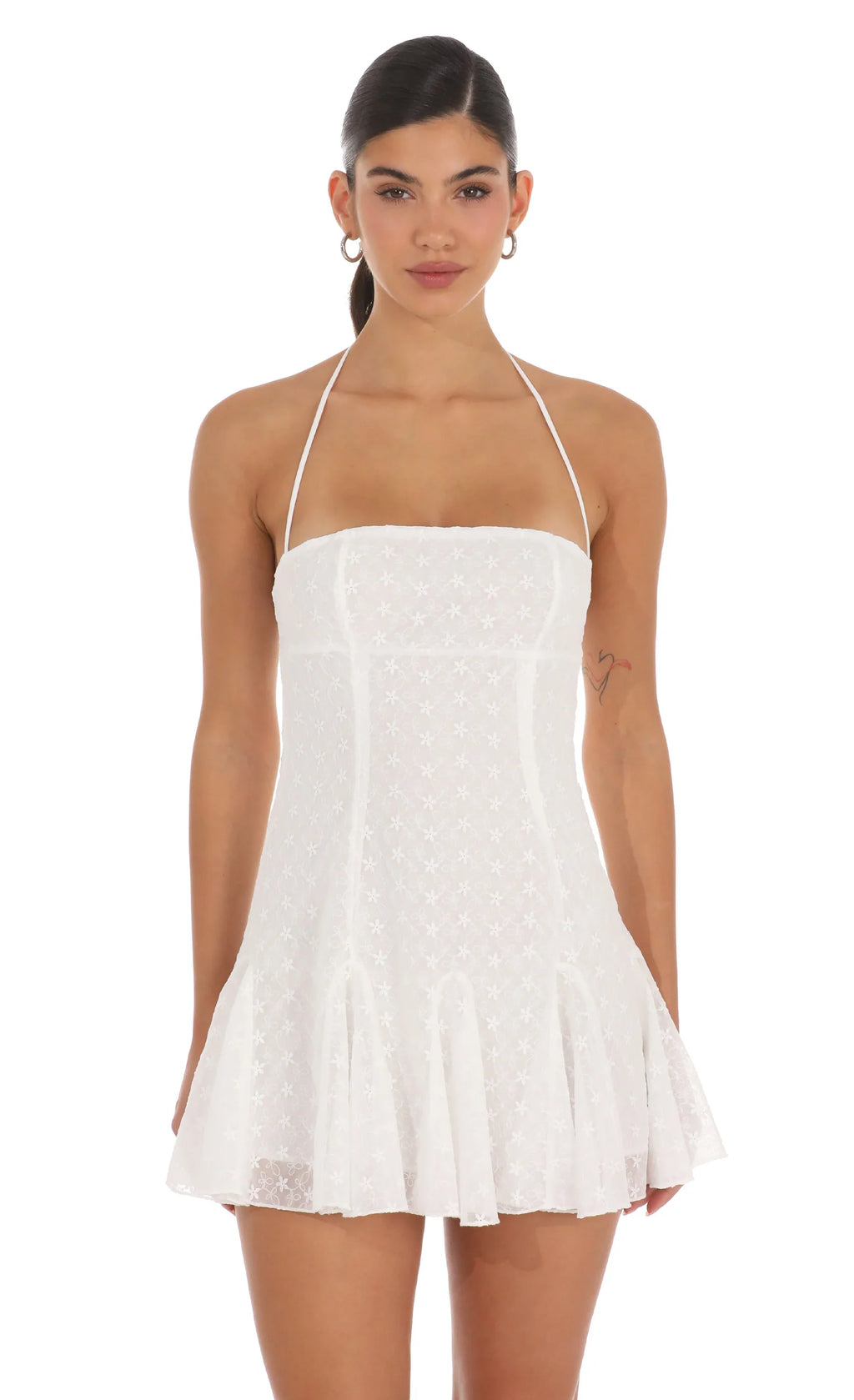Embroidered Floral Flared Mini Dress in White