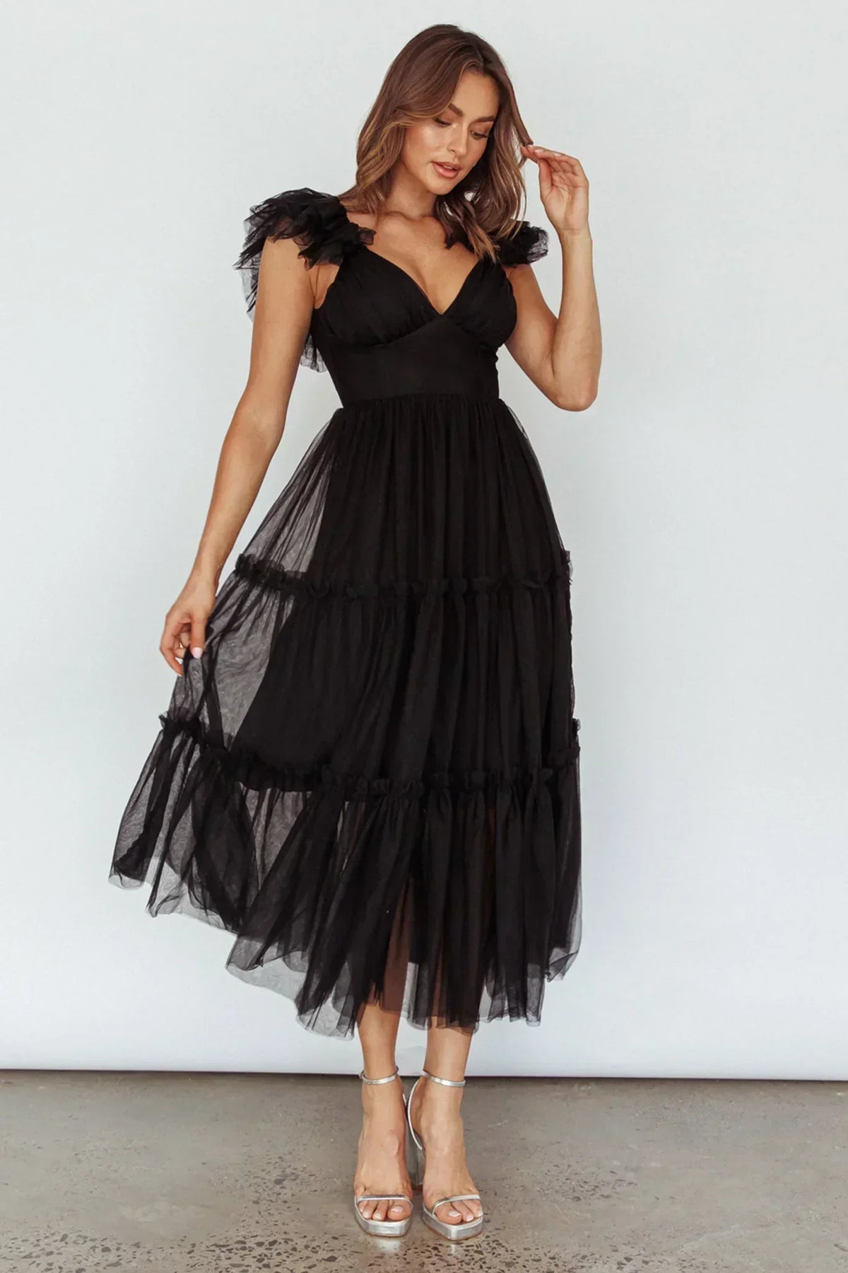 Robe midi en tulle Amal à volants aux épaules Noir