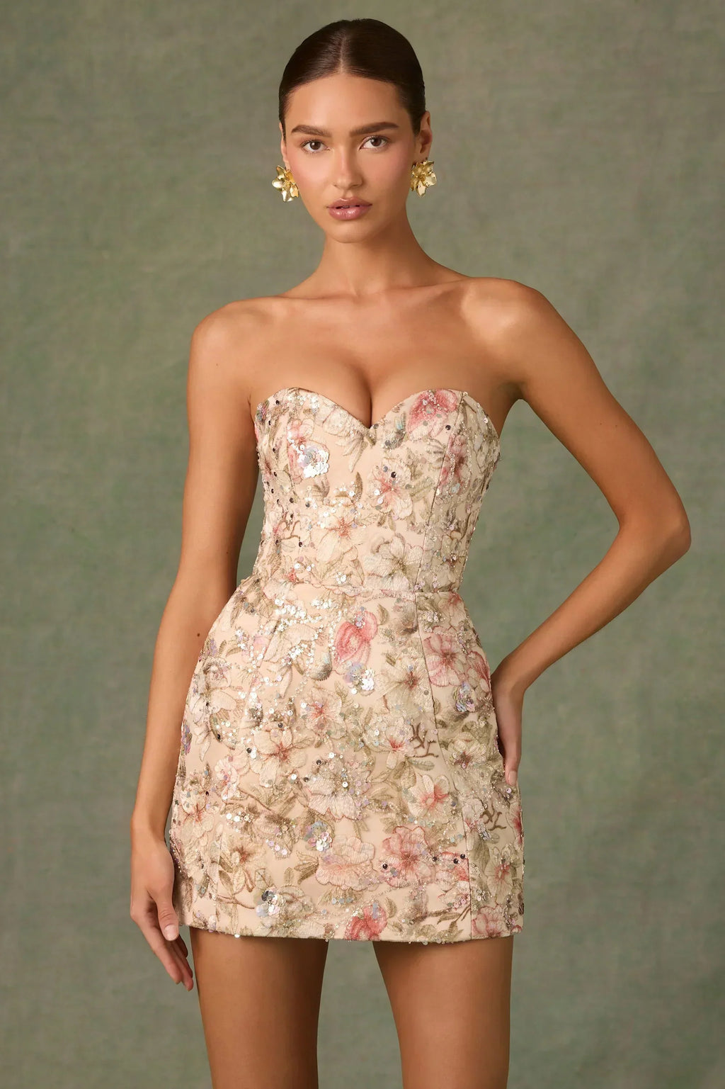 Mini-robe trapèze bustier ornée en beige floral