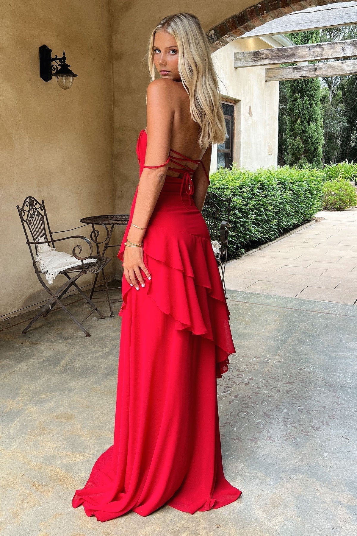 Robe longue à volants étagés Anais - Rouge