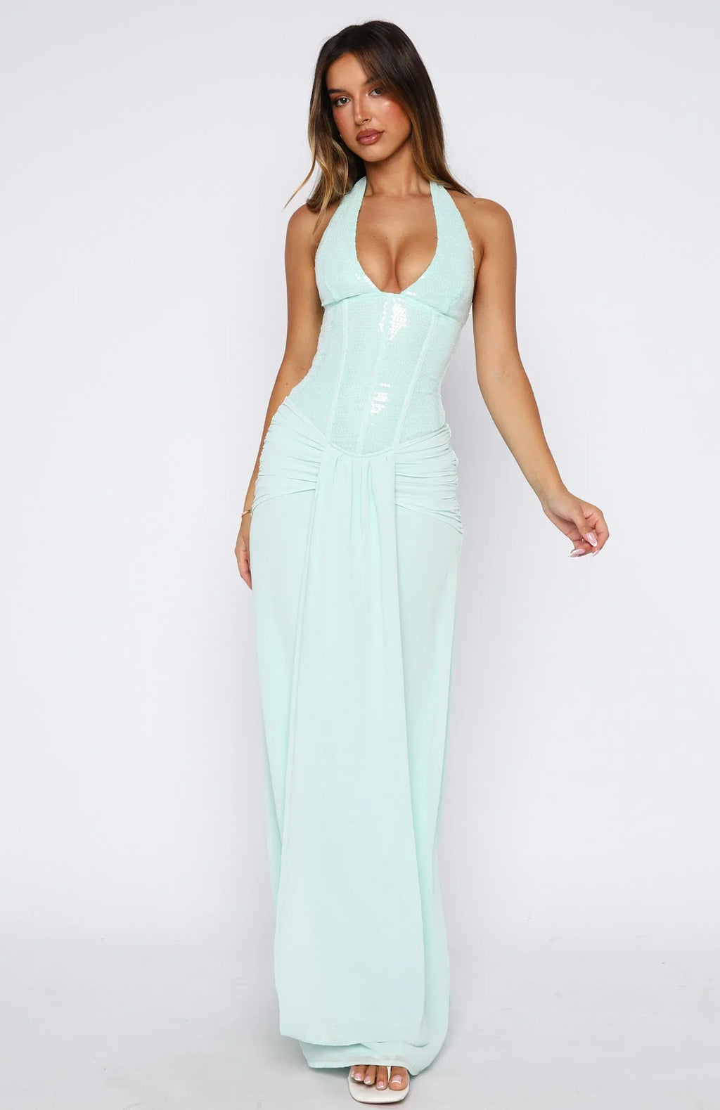 Robe longue à sequins « Dance Floor Diva » bleu ciel