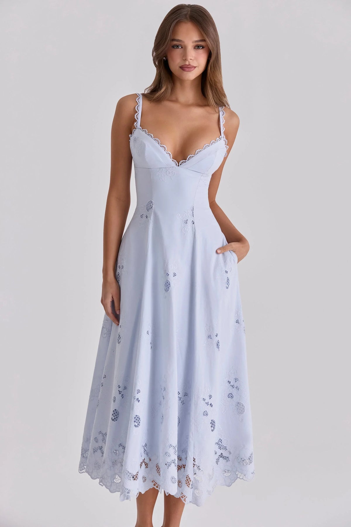 Robe longue midi broderie anglaise en dentelle jacinthe + coton