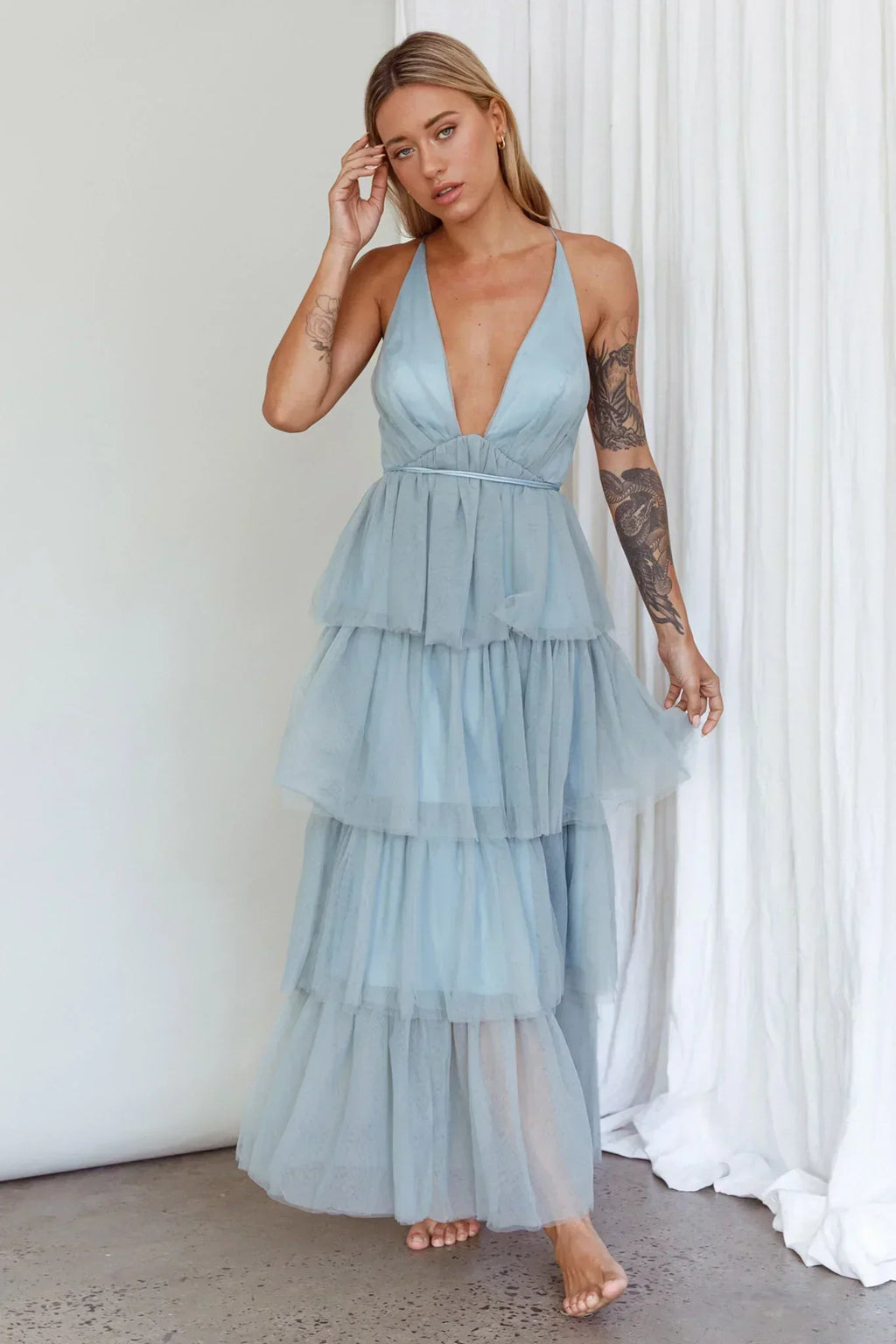 Robe midi à volants étagés Auguste Vert Sauge