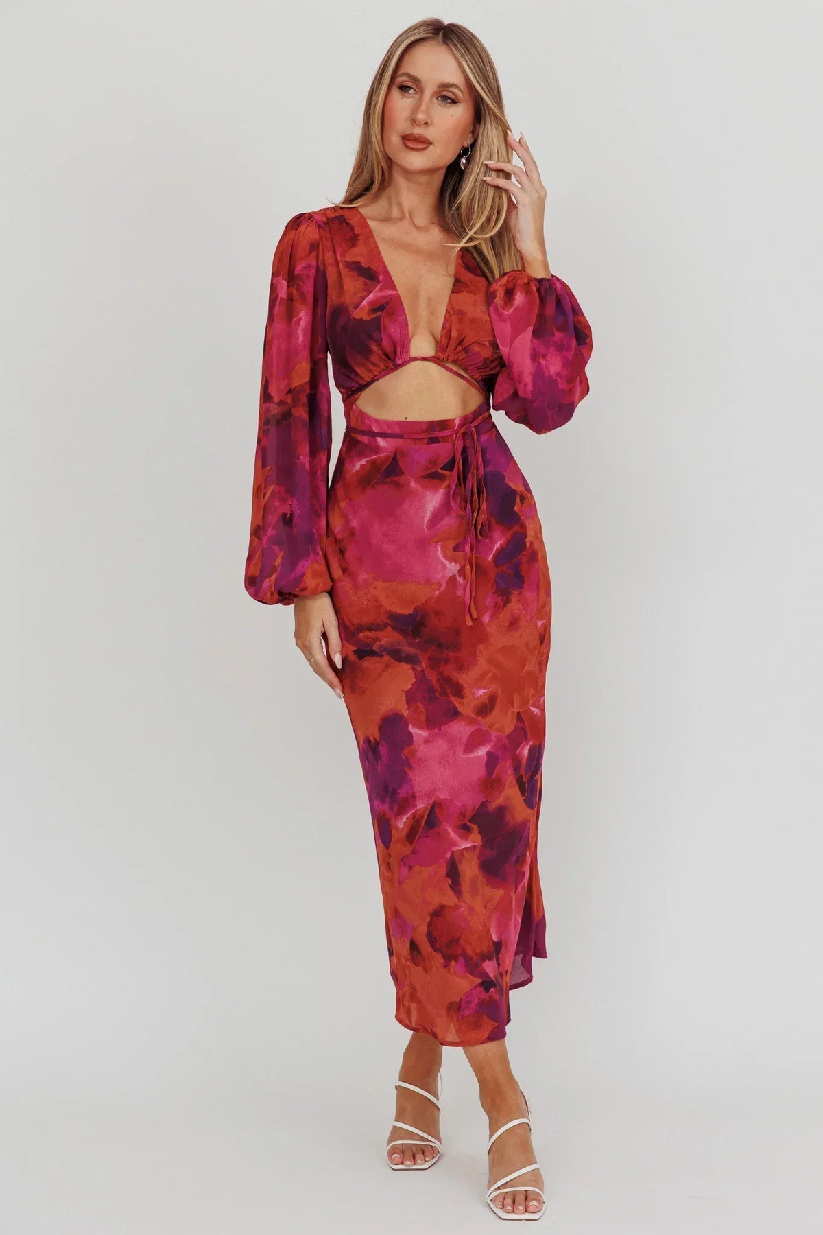 Robe midi Aurora Dreams avec découpes à la taille - Rose foncé