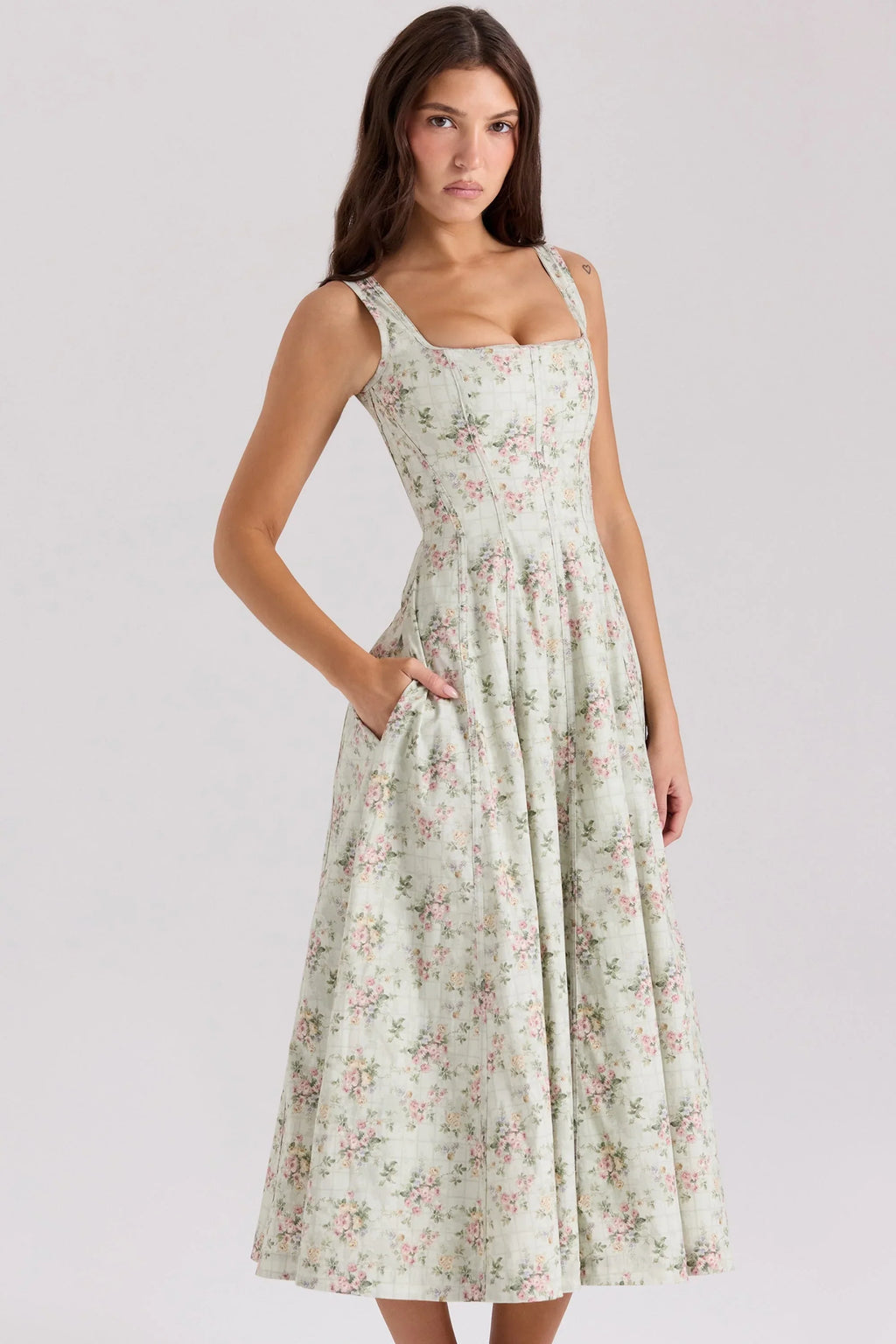 sage floral print cotton midi dress
