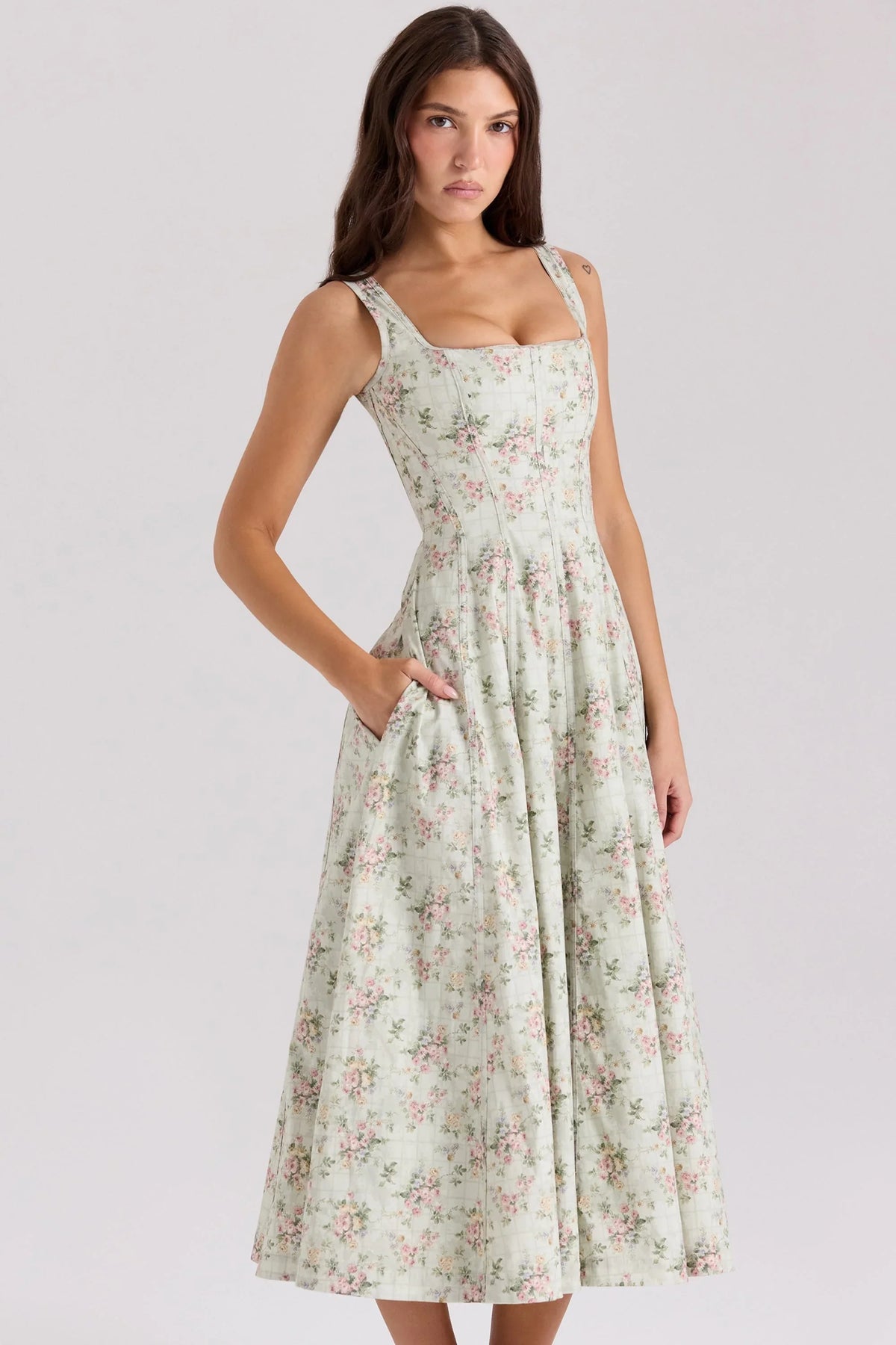 sage floral print cotton midi dress