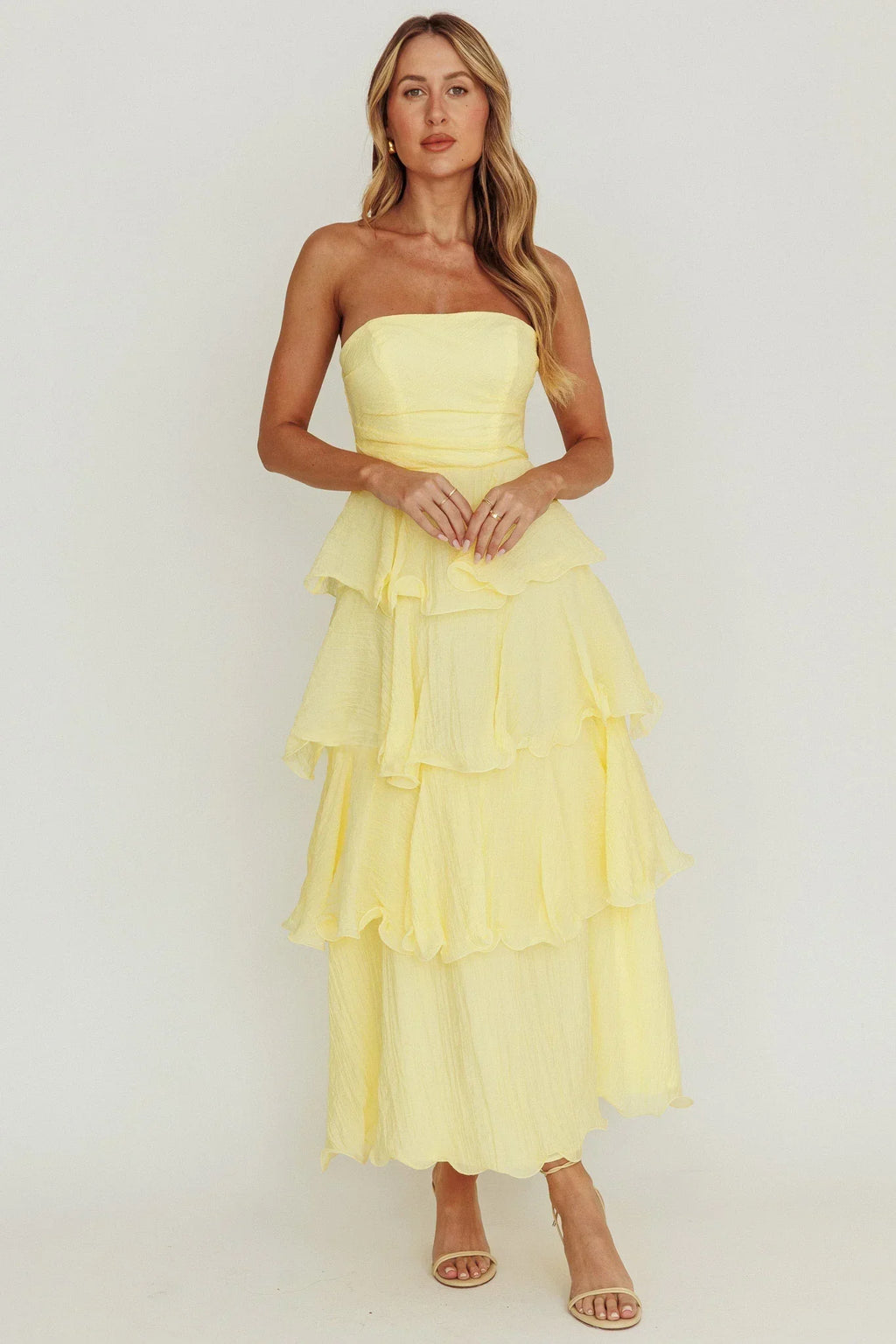 Robe midi Giavana bustier à volants superposés Citron