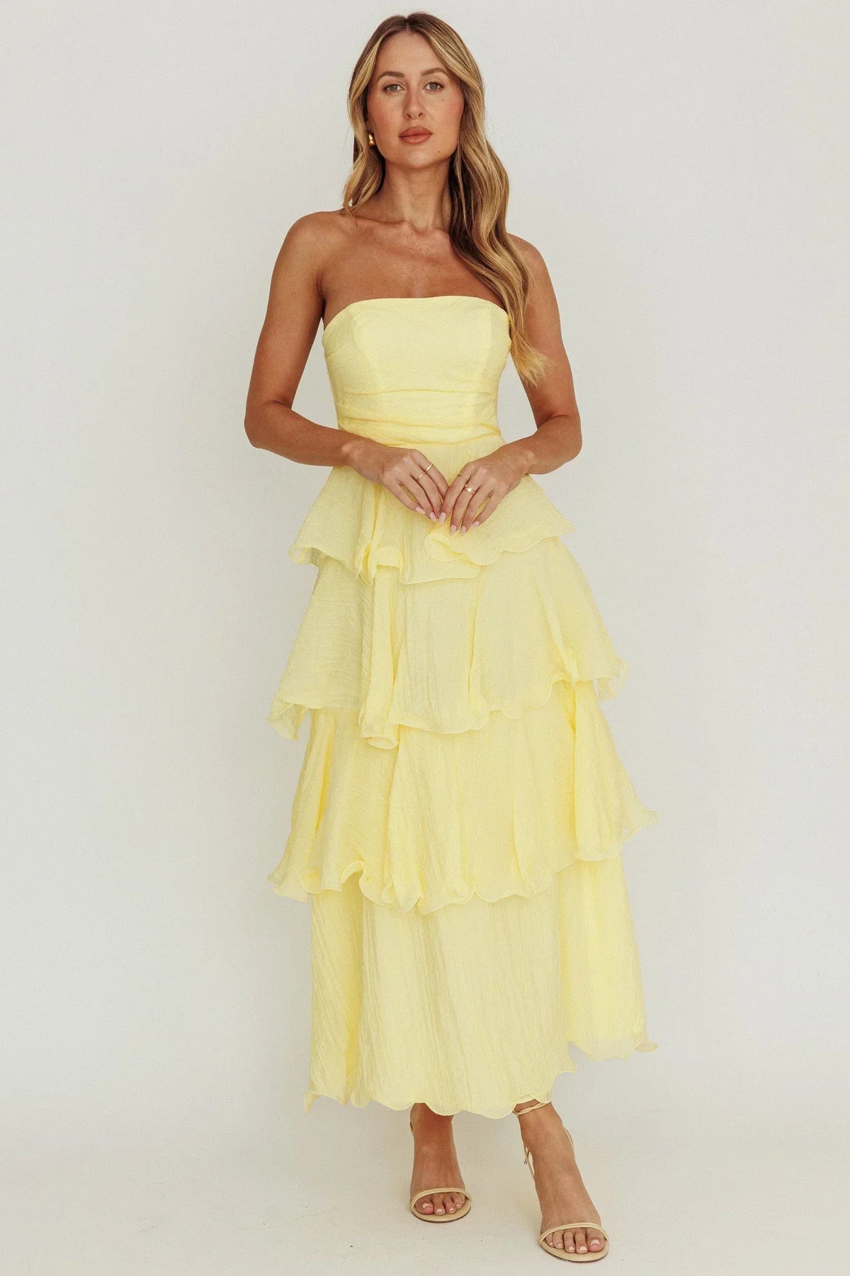 Robe midi Giavana bustier à volants superposés Citron