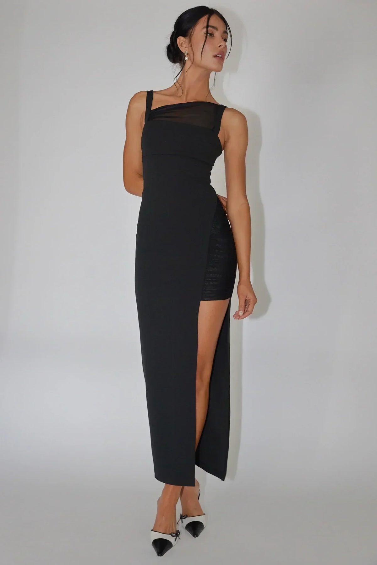 Robe midi fendue froncée Zenya noire