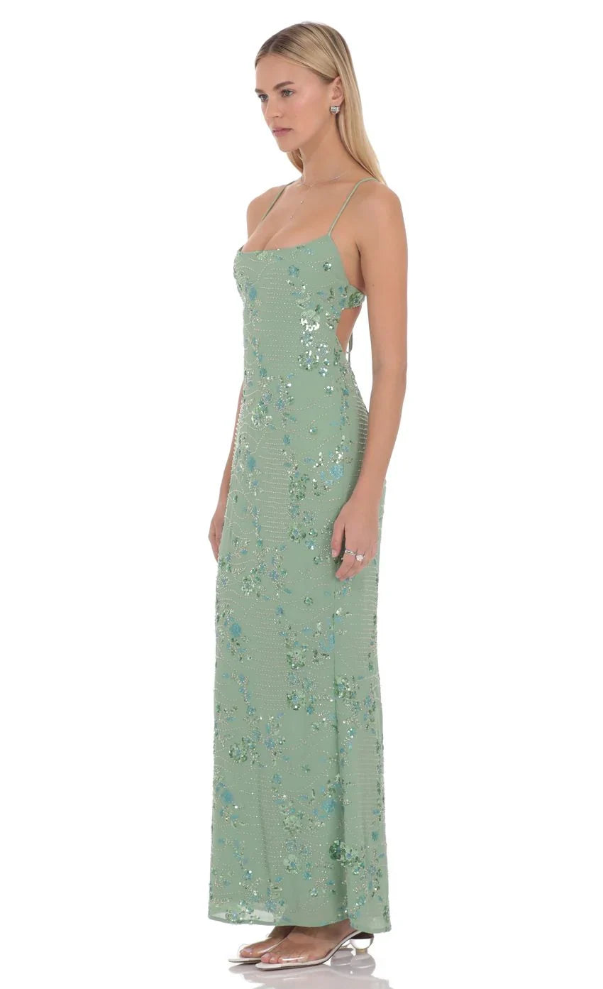 Robe longue Lilia ornée de perles, vert
