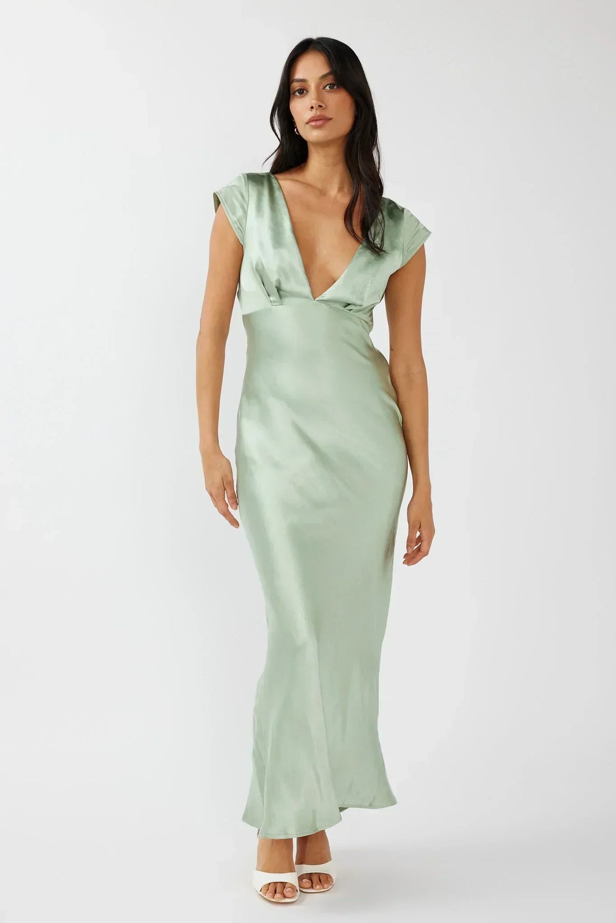 Robe mi-longue Lucinda à col en V et dos torsadé sauge