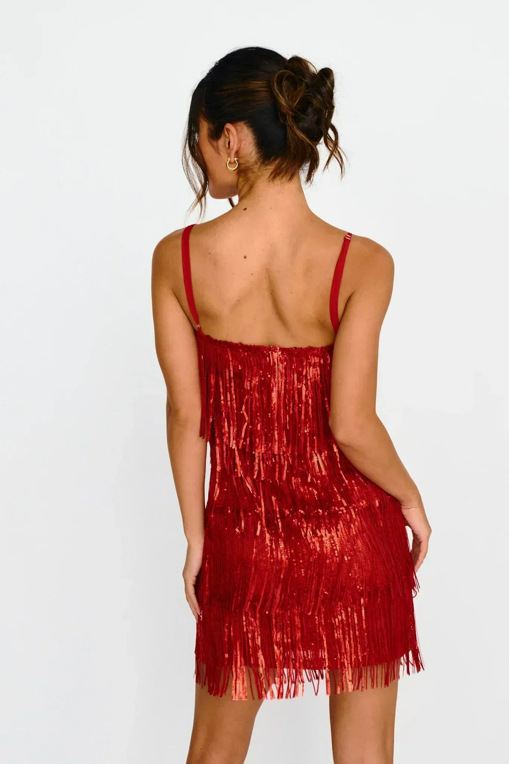 Robe courte à franges et sequins New York Nights rouge
