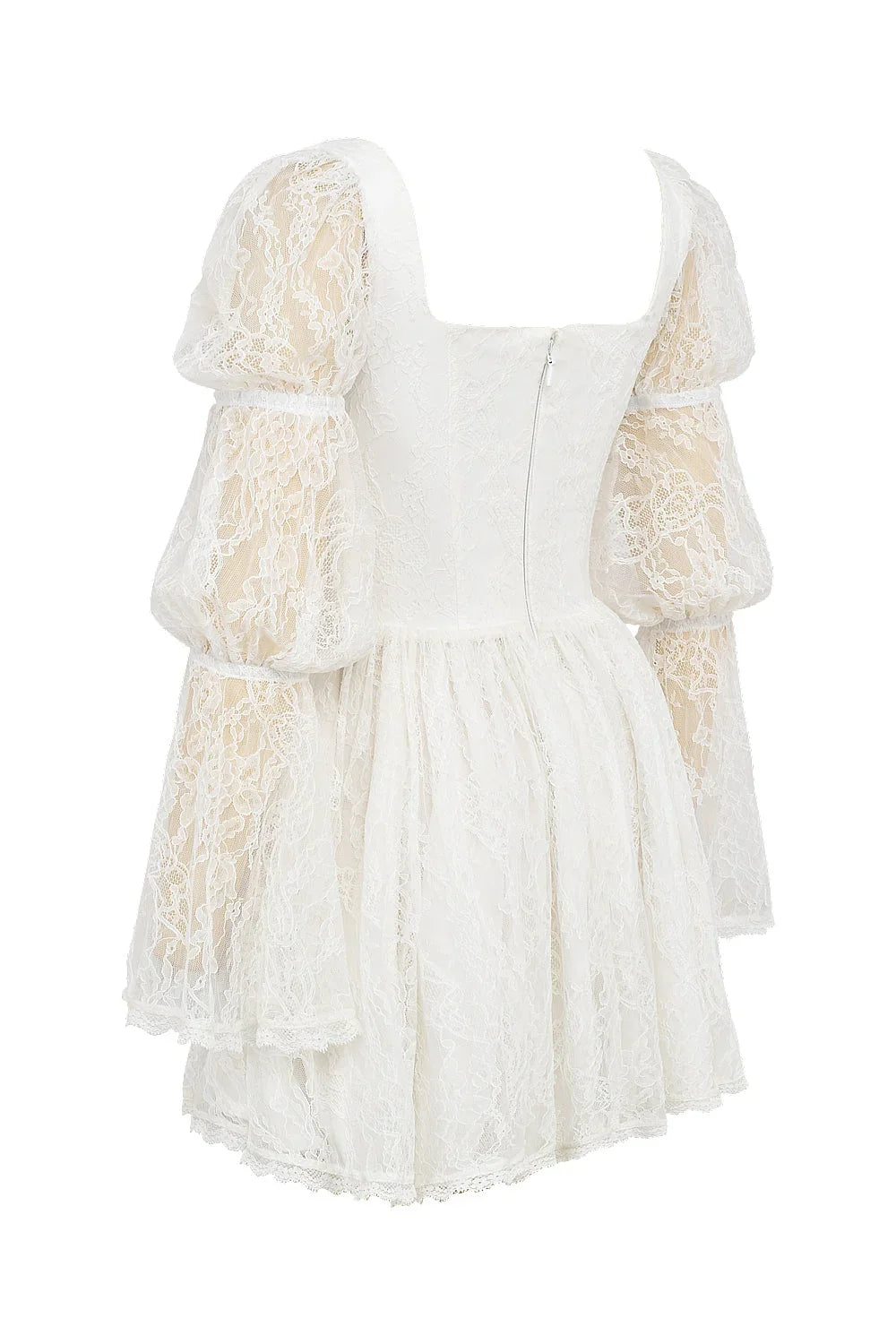 Mini-robe en dentelle blanche à manches bouffantes