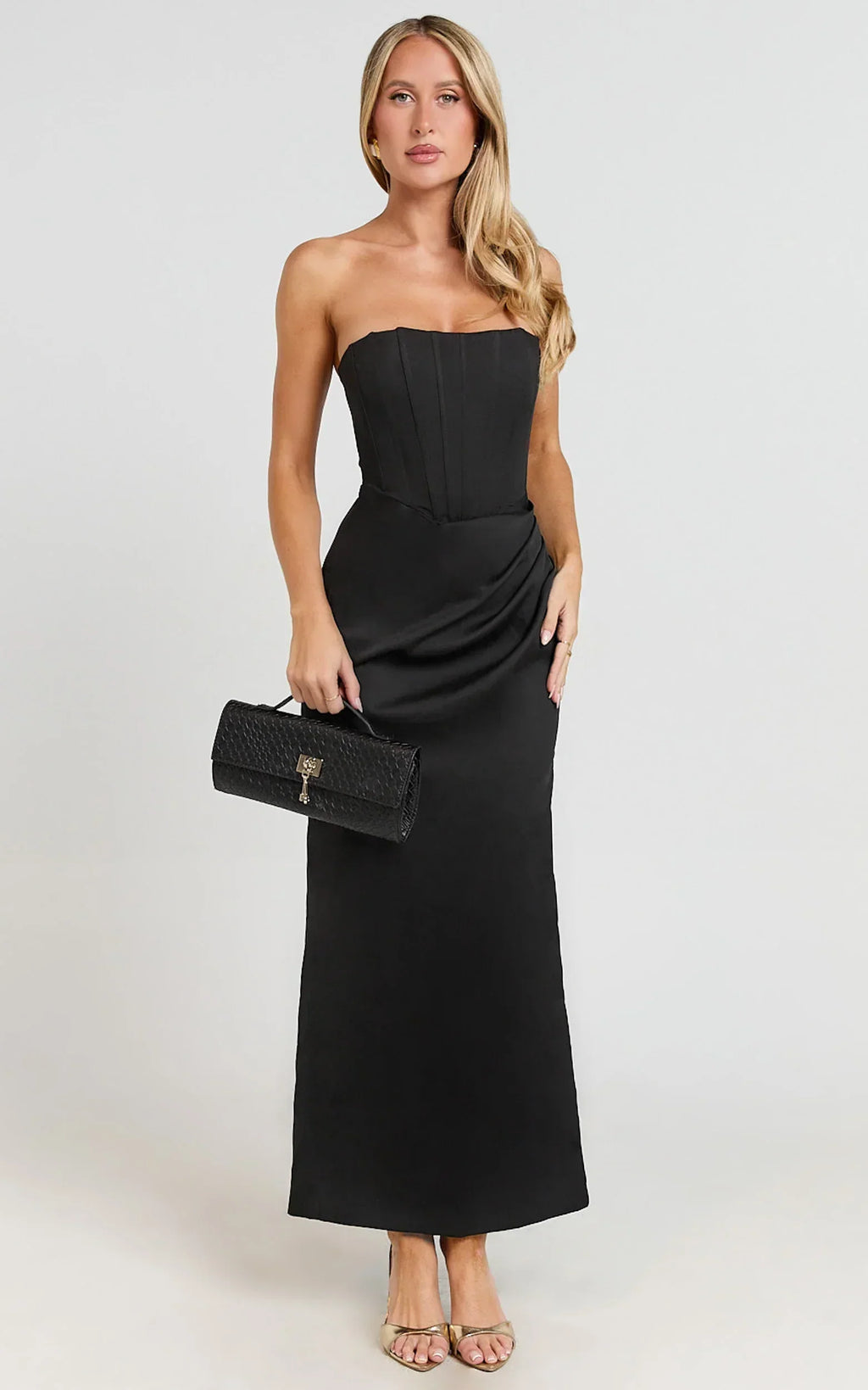 Robe midi Avery - Robe bustier drapée fendue sur le côté noire