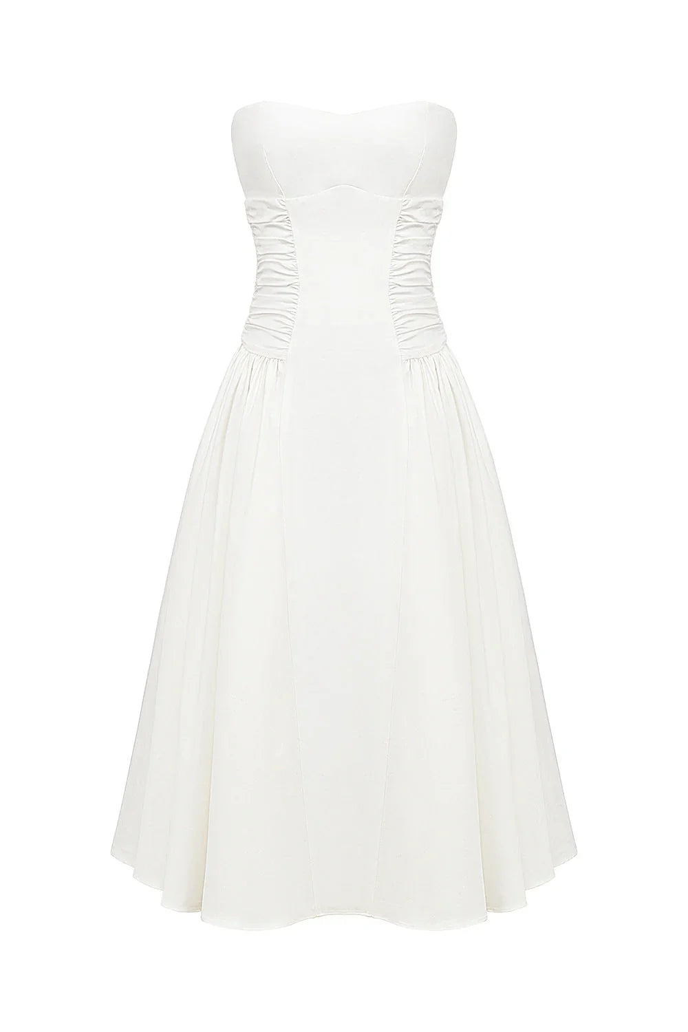 white cotton strapless midi sundress