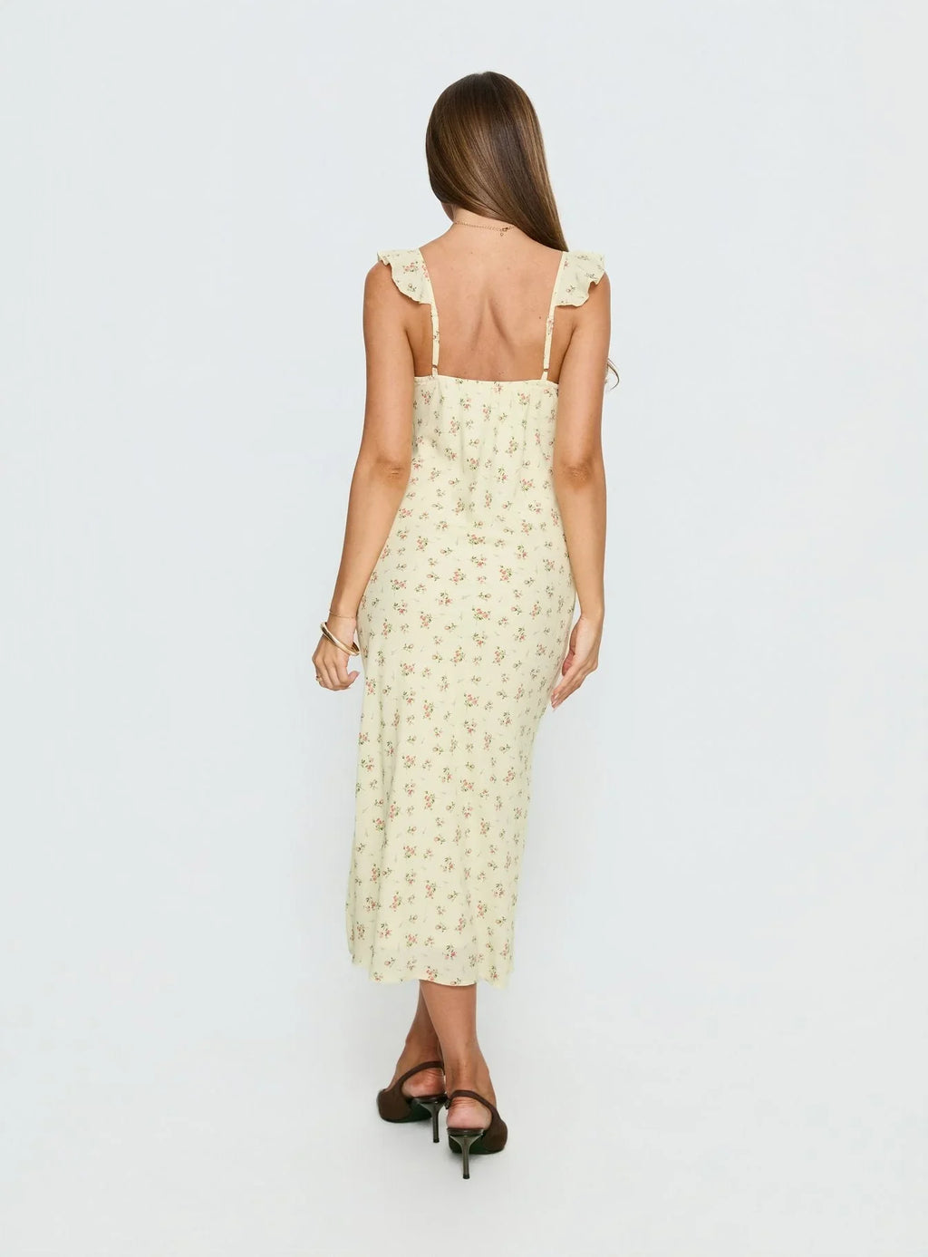 Robe longue Leabelle à volants, col en V, motif floral jaune