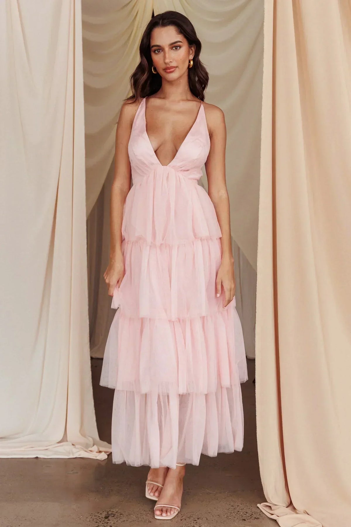 Robe midi à volants étagés Auguste couleur vieux rose