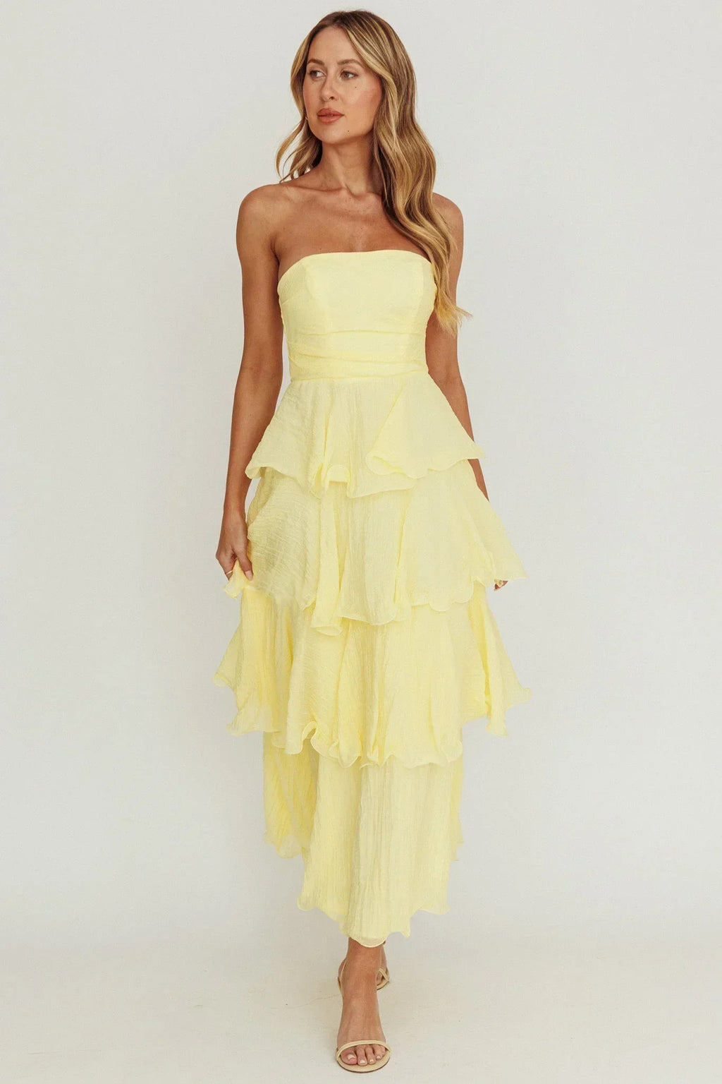 Robe midi Giavana bustier à volants superposés Citron
