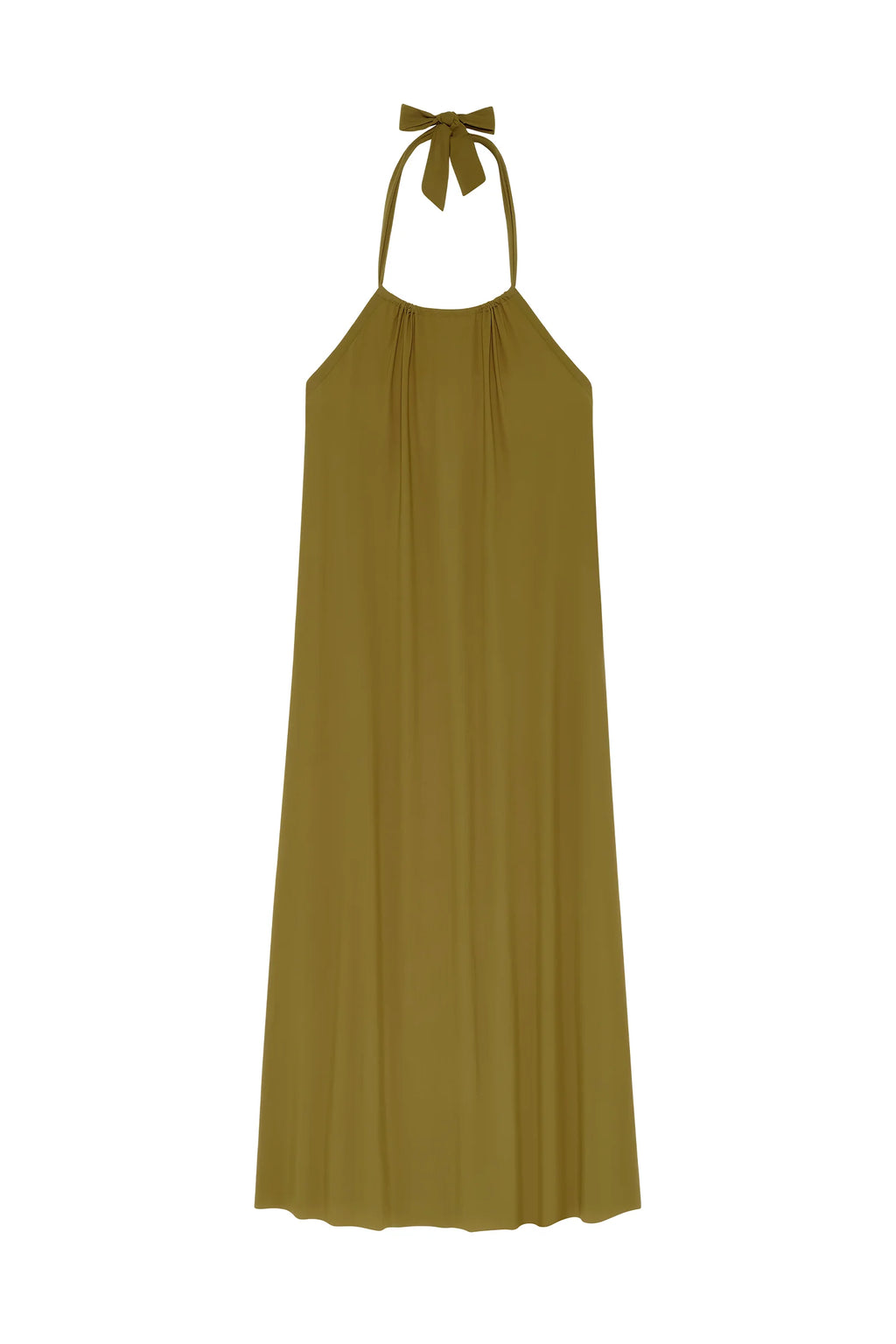 licie Long bronze halter dress in stretch voile