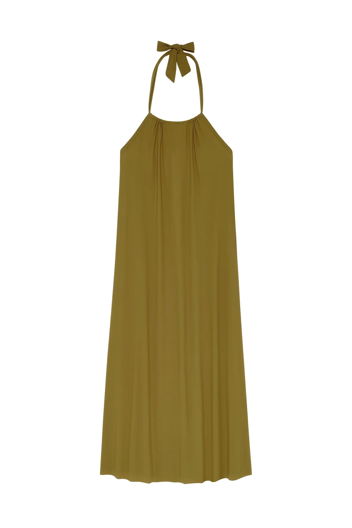 licie Long bronze halter dress in stretch voile