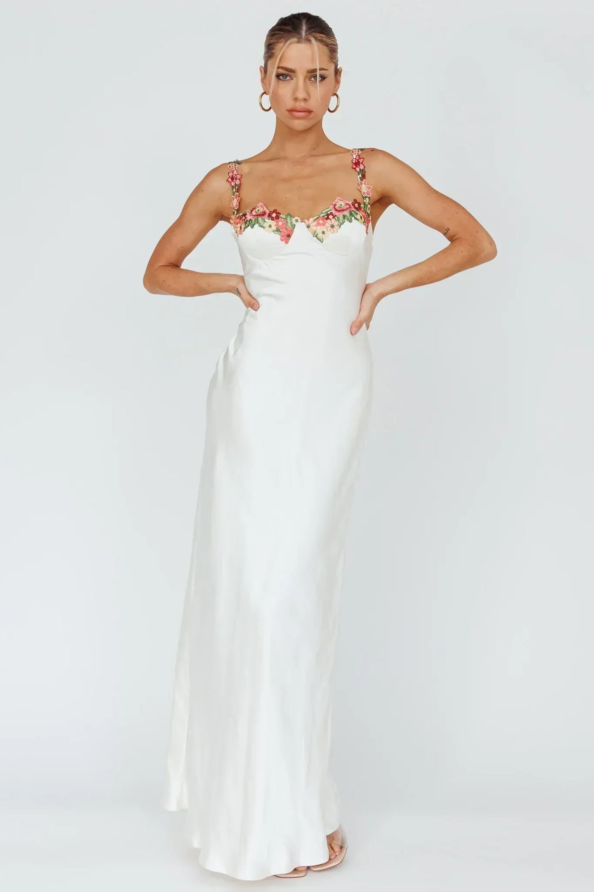 Robe midi Rose Garden en applique florale, couleur huître