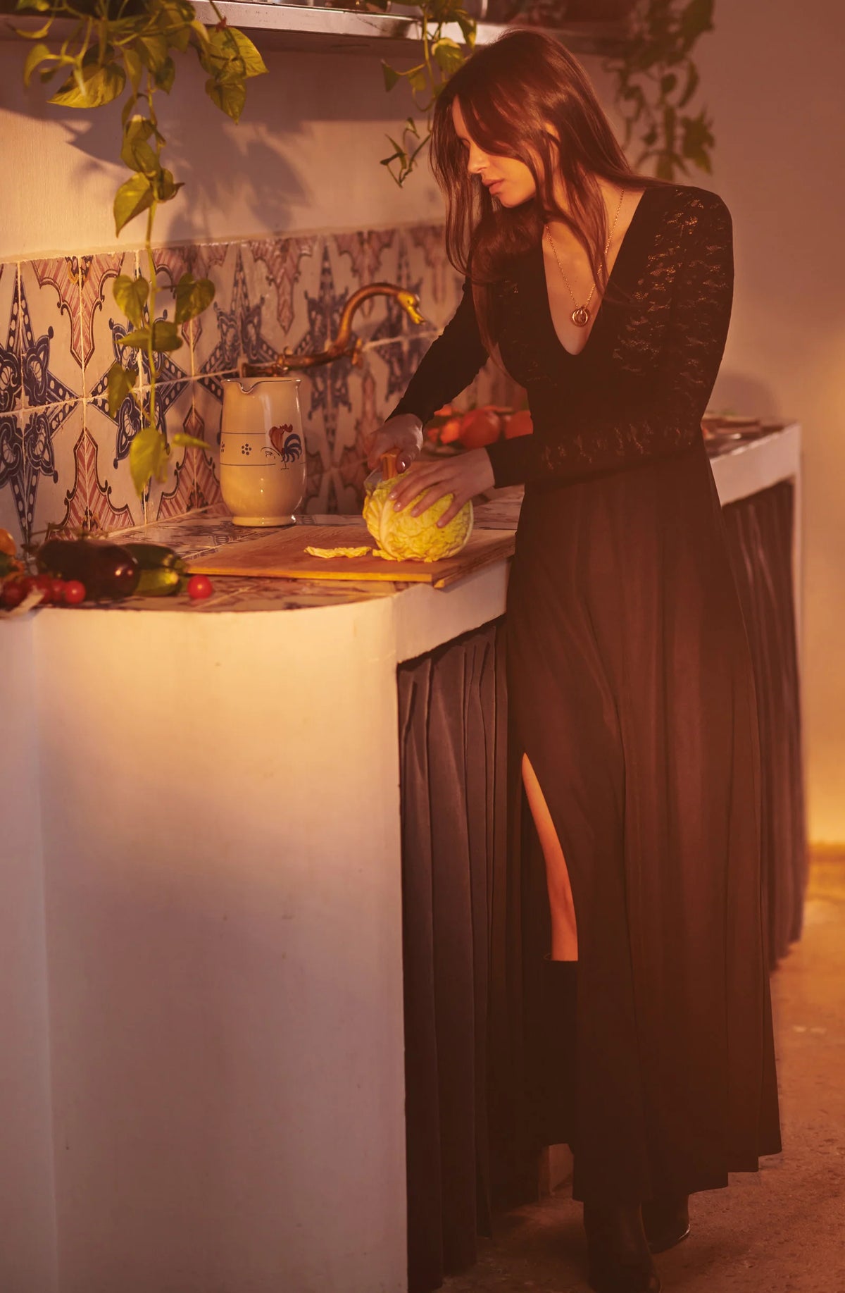 vanao Long lichen green lace dress