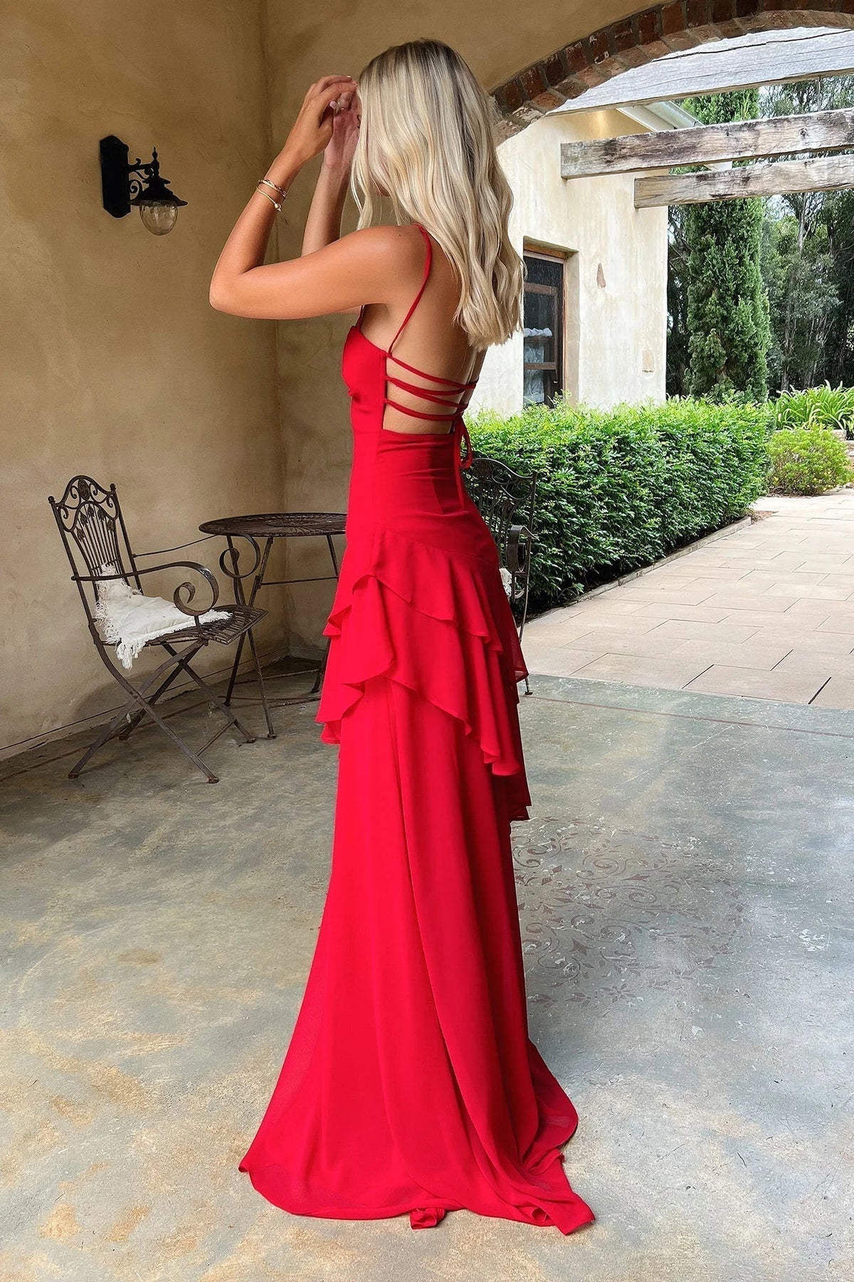 Robe longue à volants étagés Anais - Rouge