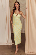 Robe midi Horizon sans bretelles texturée à motif floral verte